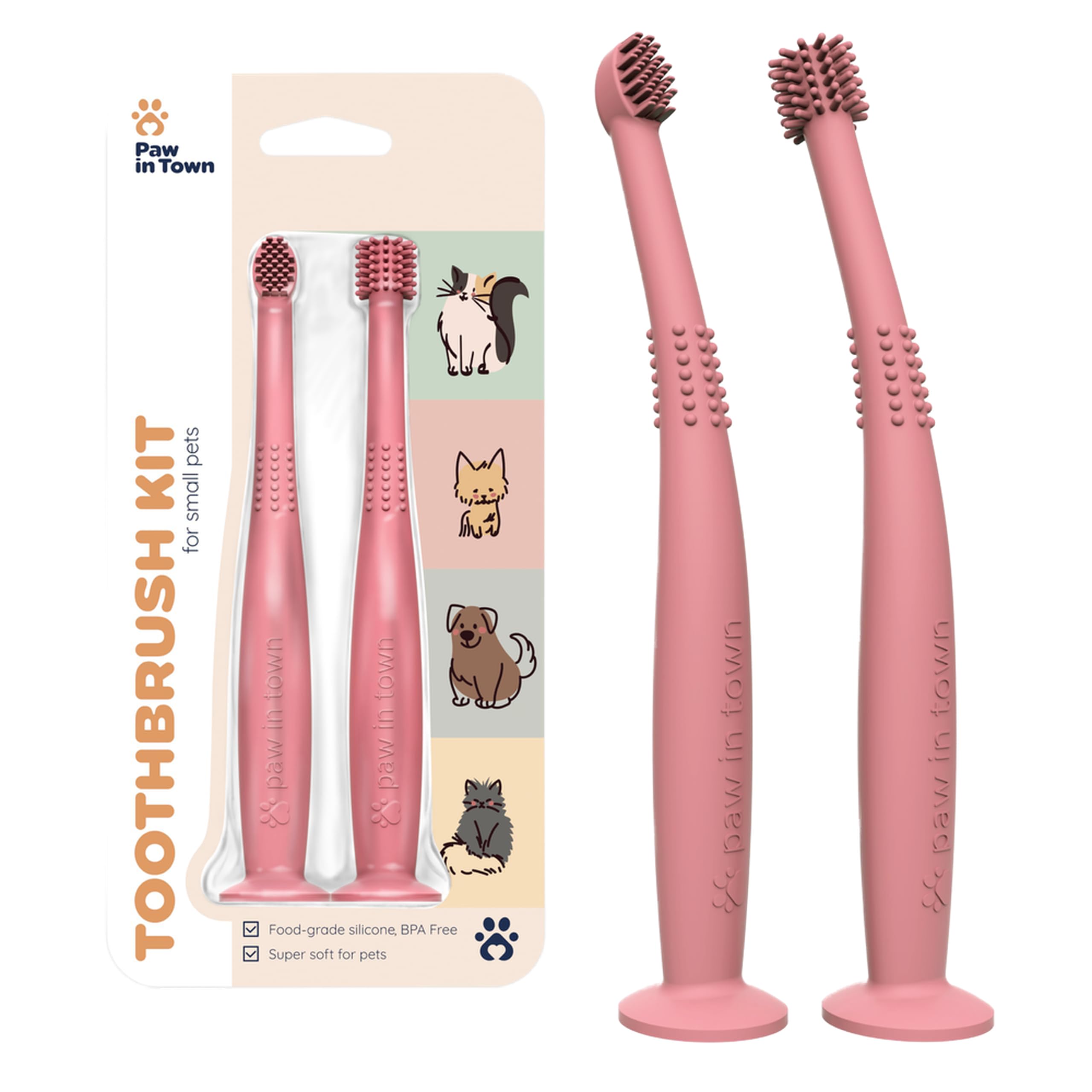 PAWINTOWN Soft Cat Toothbrush Set – Suitable for Dogs – Food Grade Silicone – Dental Care, Teeth Cleaning, Tooth Brushing Kit (Blushing Flamingo)