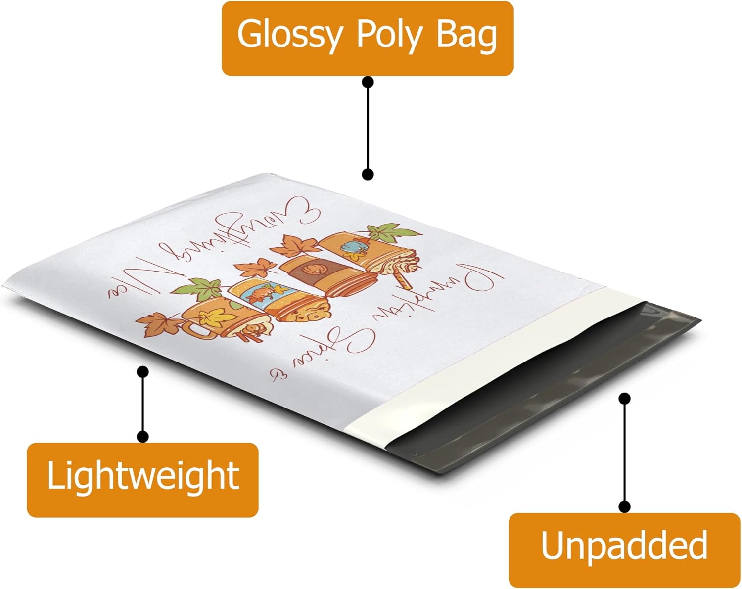 10x13 (100) Fall Poly Mailers - Pumpkin Spice Mailers - Thanks a Latte Fall Designer Waterproof Self Sealing Tear Resistant Polymailers Shipping Envelopes Premium Printed Bags For Small Businesses