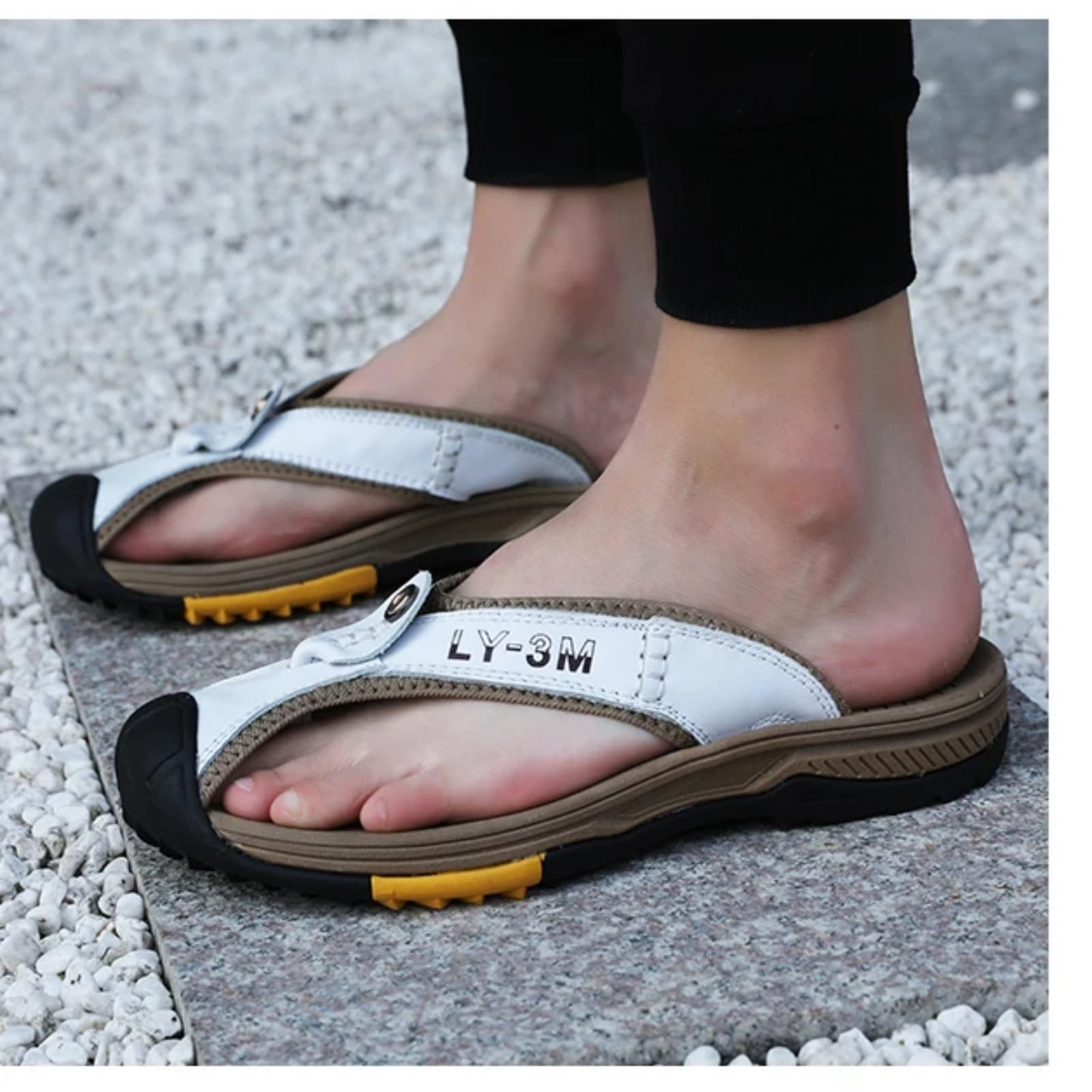 Chanclas De Playa Hombre Sandalias Cuero Tanga Los Hombres, Masaje Plano Goma Antideslizante para El Verano Al Aire Libre Caminando-38-black