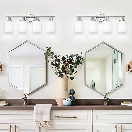 Miniatura 6 de Luces de tocador de níquel cepillado de 4 luces para espejo, lámparas de baño con pantalla de vidrio blanco lechoso texturizado, lámpara de pared