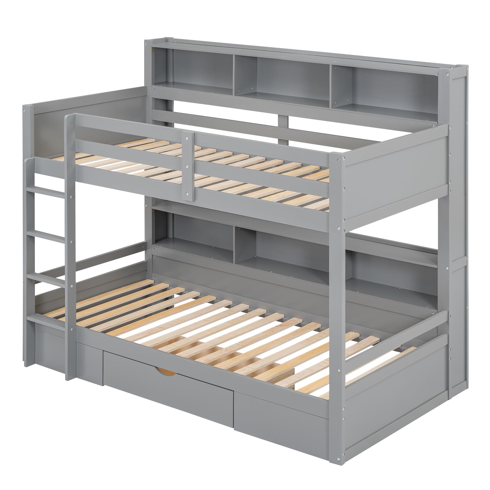 Estructura de cama nido de 90×200 cm Idemon EN747-1 (Gris, MDF de madera maciza, 2 cajones + compartimentos de almacenamiento), Cama nido minimalista para niños y huéspedes con compartimento lateral