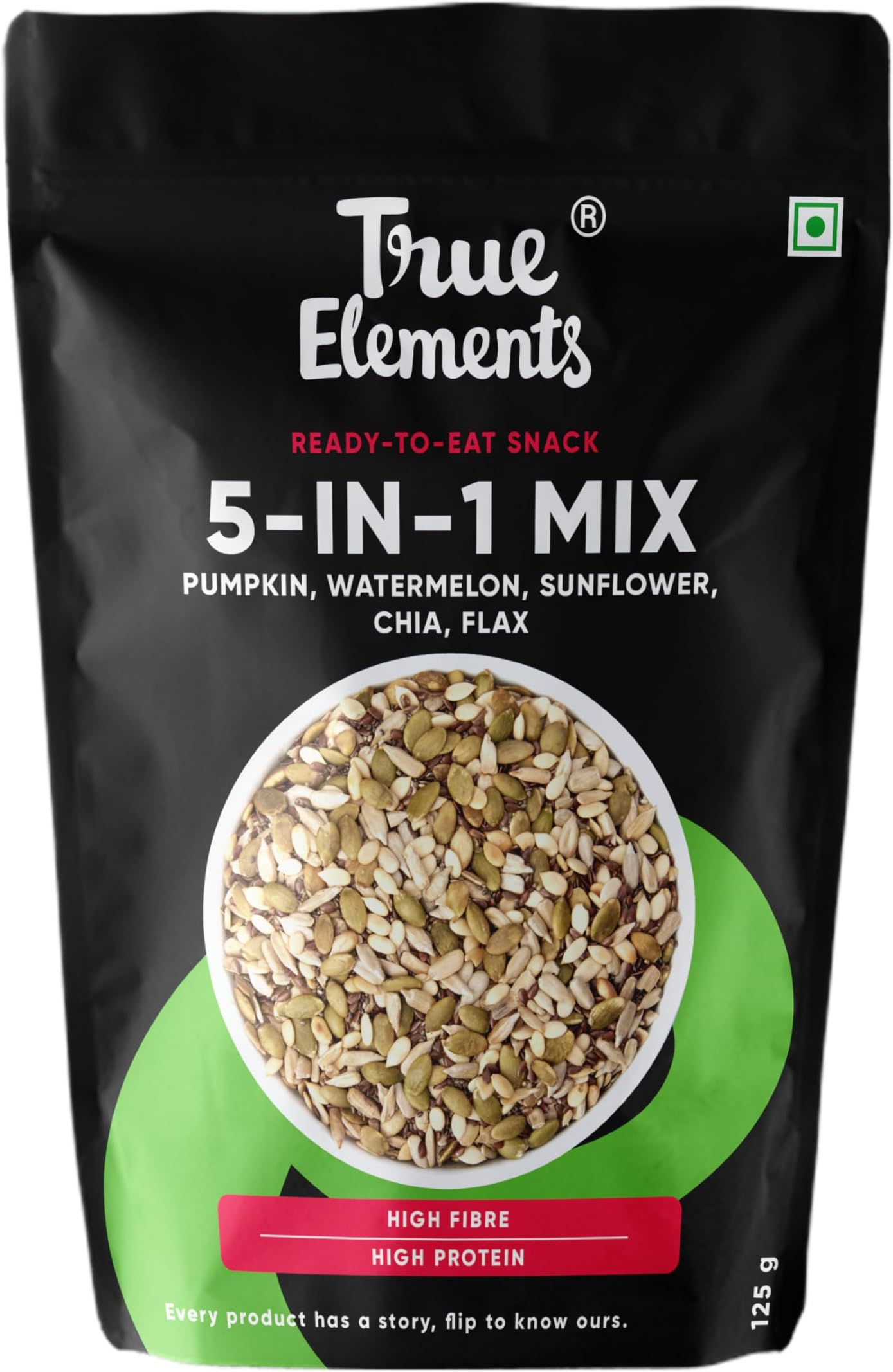 True Elements 5 in 1 Super Seeds Mix 125g - Roasted Sunflower, Pumpkin, Flax, Watermelon & Chia Seeds, Healthy Snacks for Weight Loss