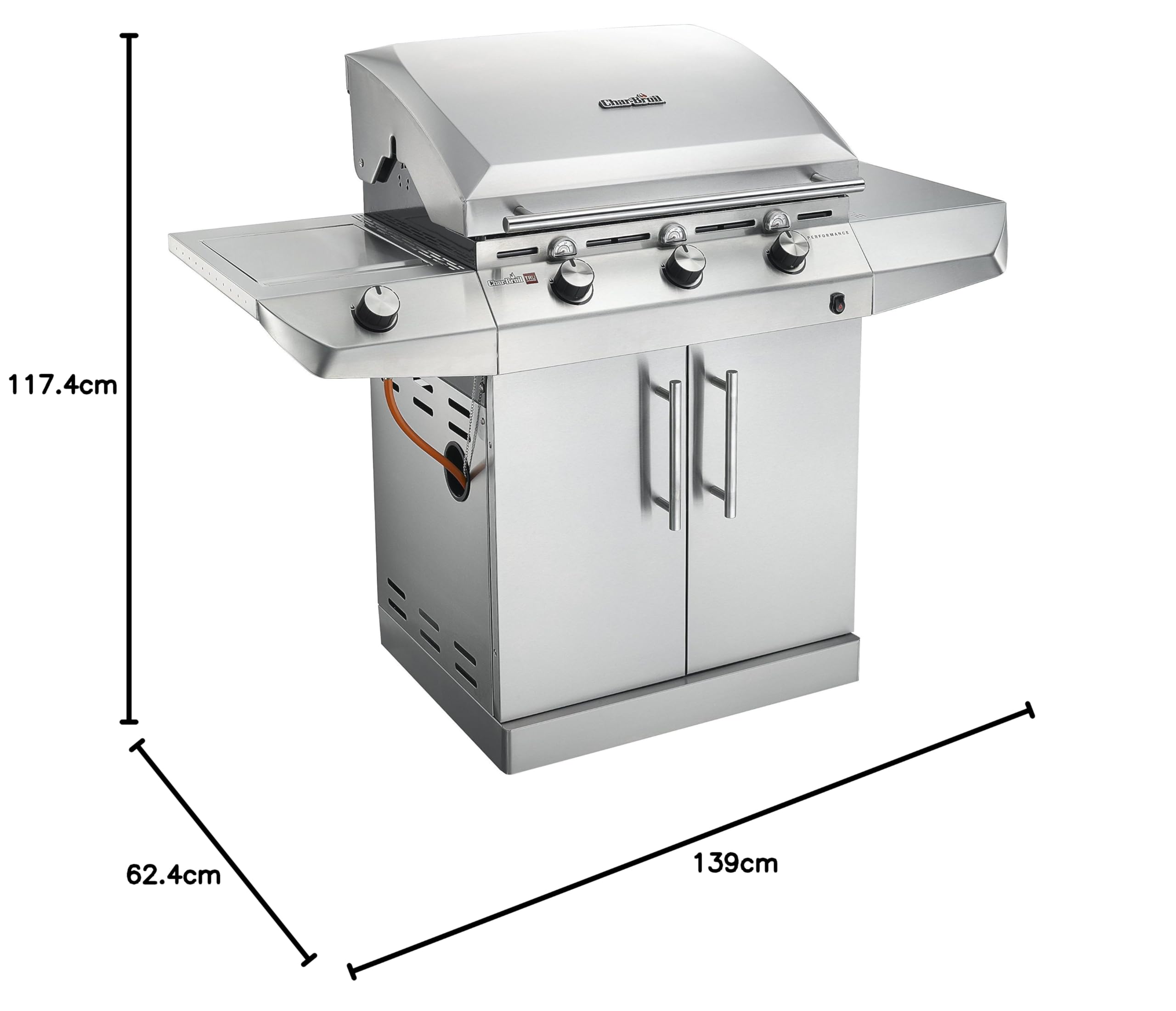 CharBroil Grill a Gas con 3 bruciatori, Performance t-36g5 di Acciaio Inox, 62,4 x 139 x 117,4 cm, Argento, 468100415