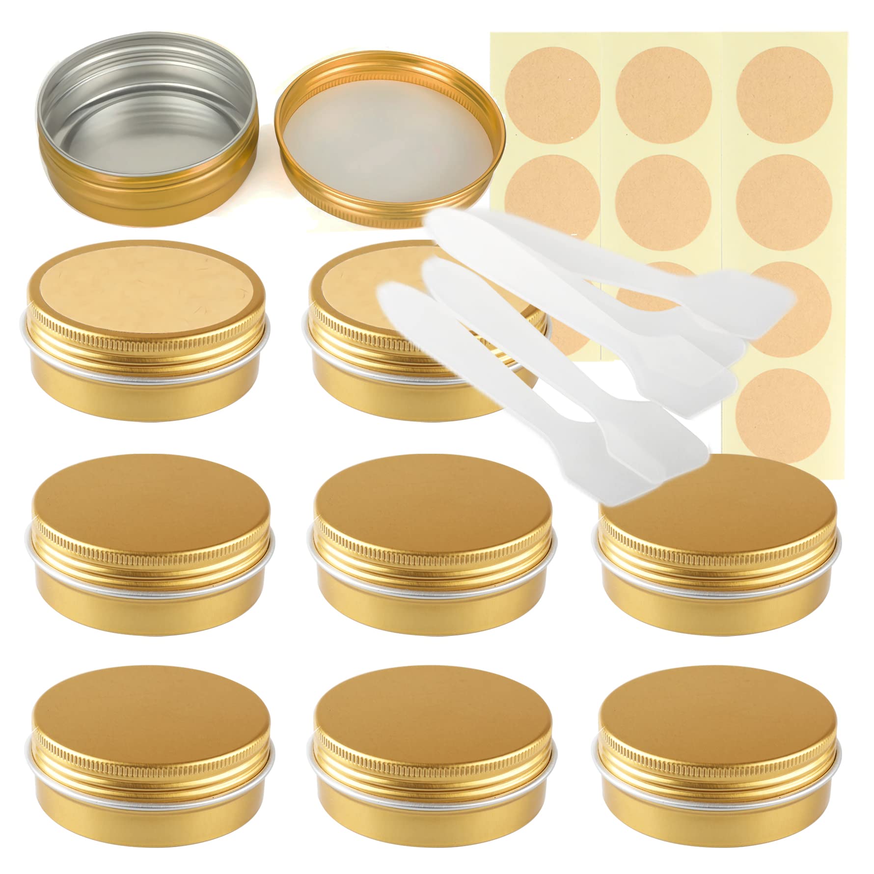 LusDoly Pack of 10 Empty 60ml Gold Aluminium Tins with Lids - Ø68x25mm Round Aluminum Screw Pots Cosmetic Cream Container Travel Jars for Candle Lip Balm, Salve with Spatulas & Labels