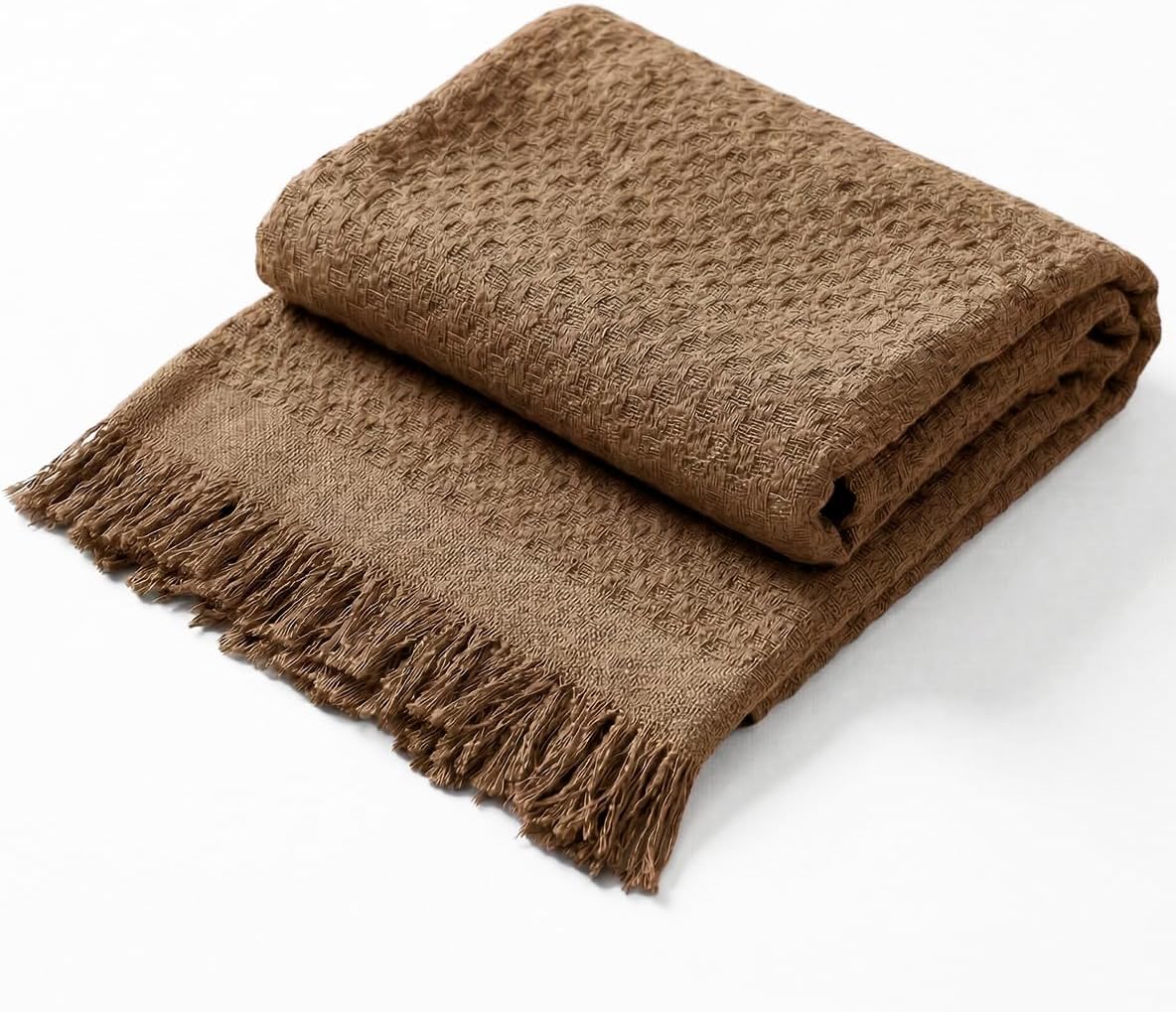 Decolab Manta para Sofá em Algodão com Franjas Artesanais | Cobertor Decorativo para Sofa, Poltrona e Cama | Estilo Boho Chic (Caramelo)