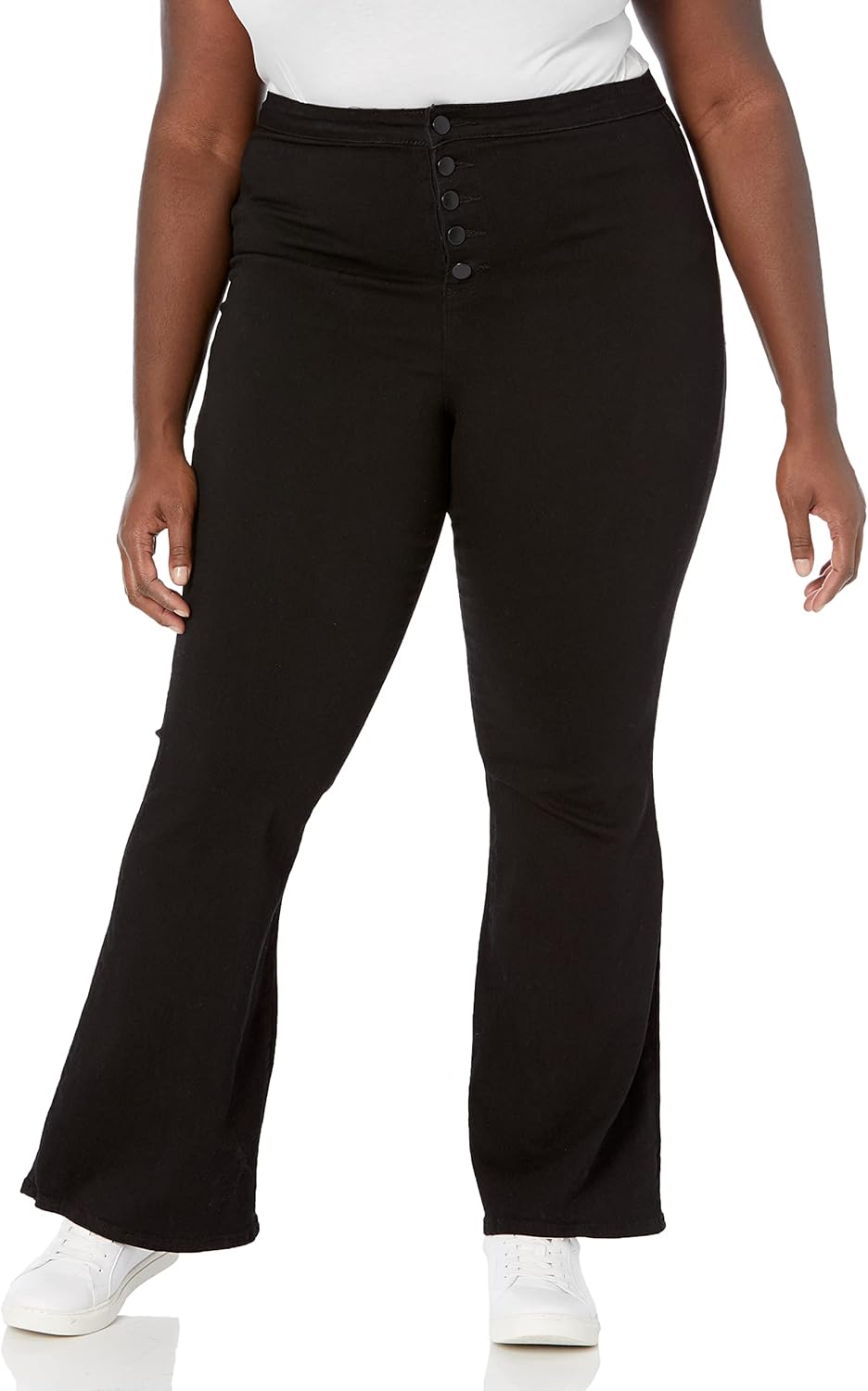 dollhouse Women's Black High Rise Junior Plus Curvy Flare with Exposed Buttons and Zipper Fly