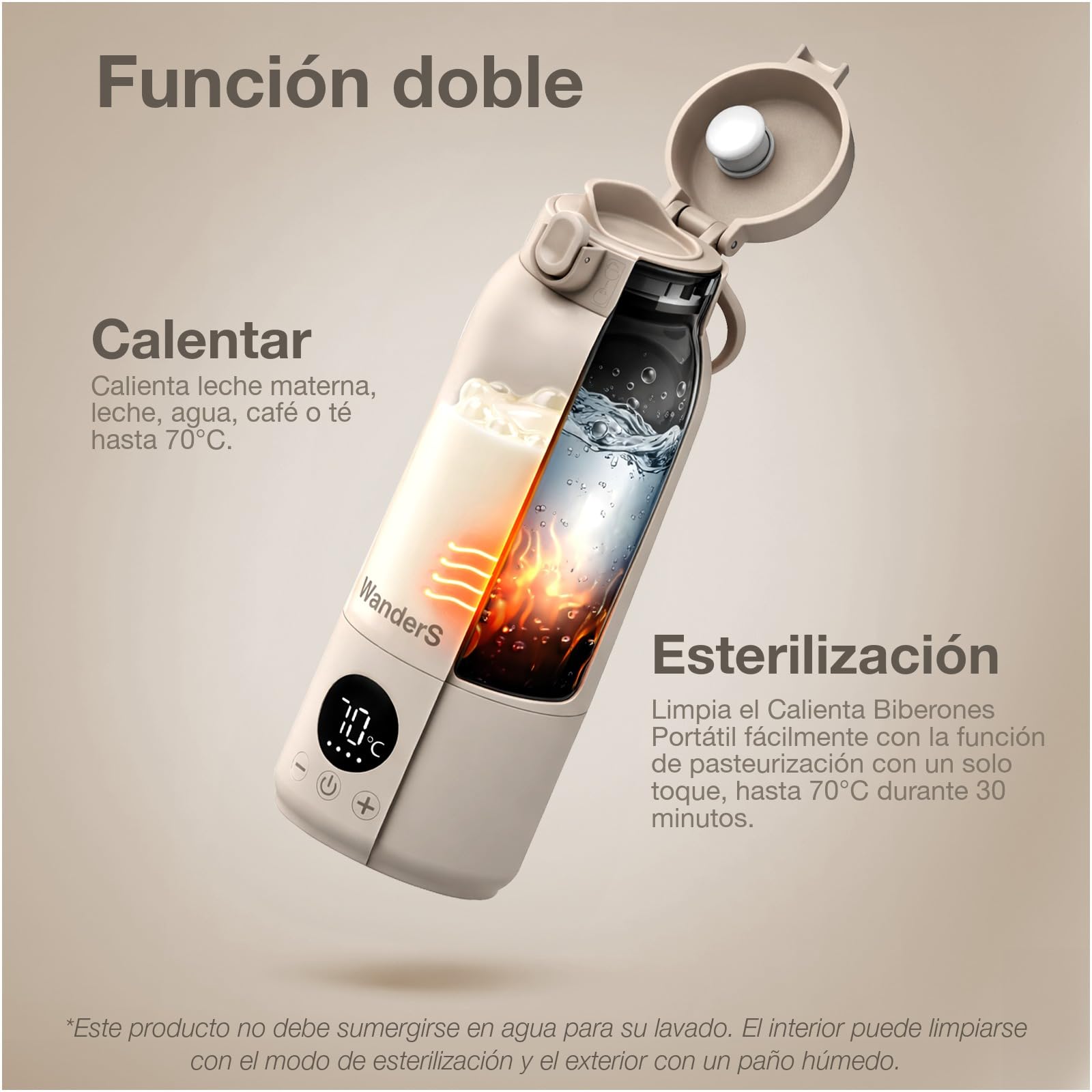 Calienta Biberones Portátil de WanderS – 500ML Calentador de Biberones para Viaje - Control de Temperatura, Esterilización, Acero Inoxidable 316L, Carga USB-C, Impermeable IPX6 y Bloqueo de Seguridad