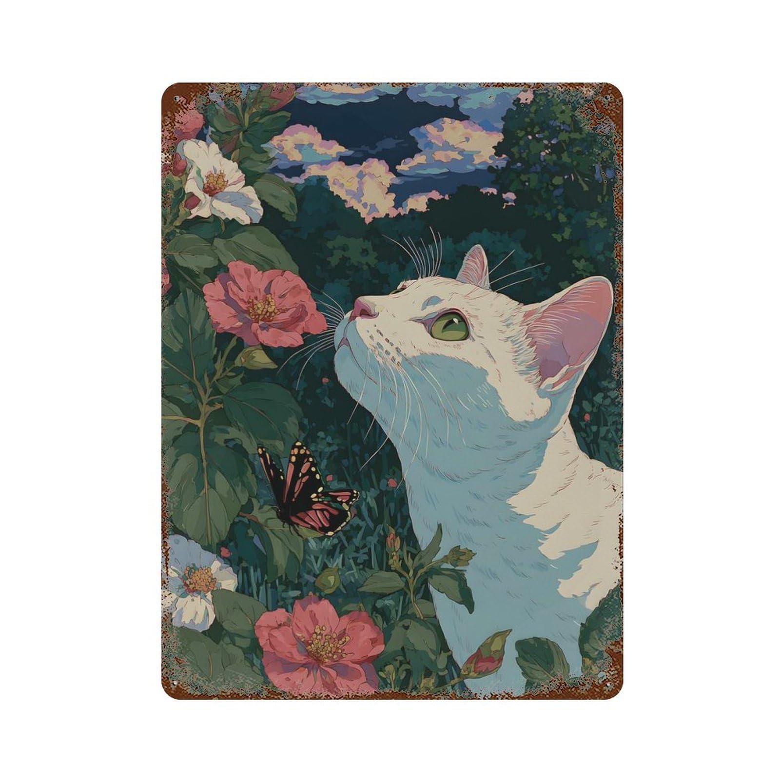 Vintage Rust Metal Sign White Cat in Garden with Butterfly 15.7"x11.8", Novelty Wall Decor for Office, Studio And Wall Decor