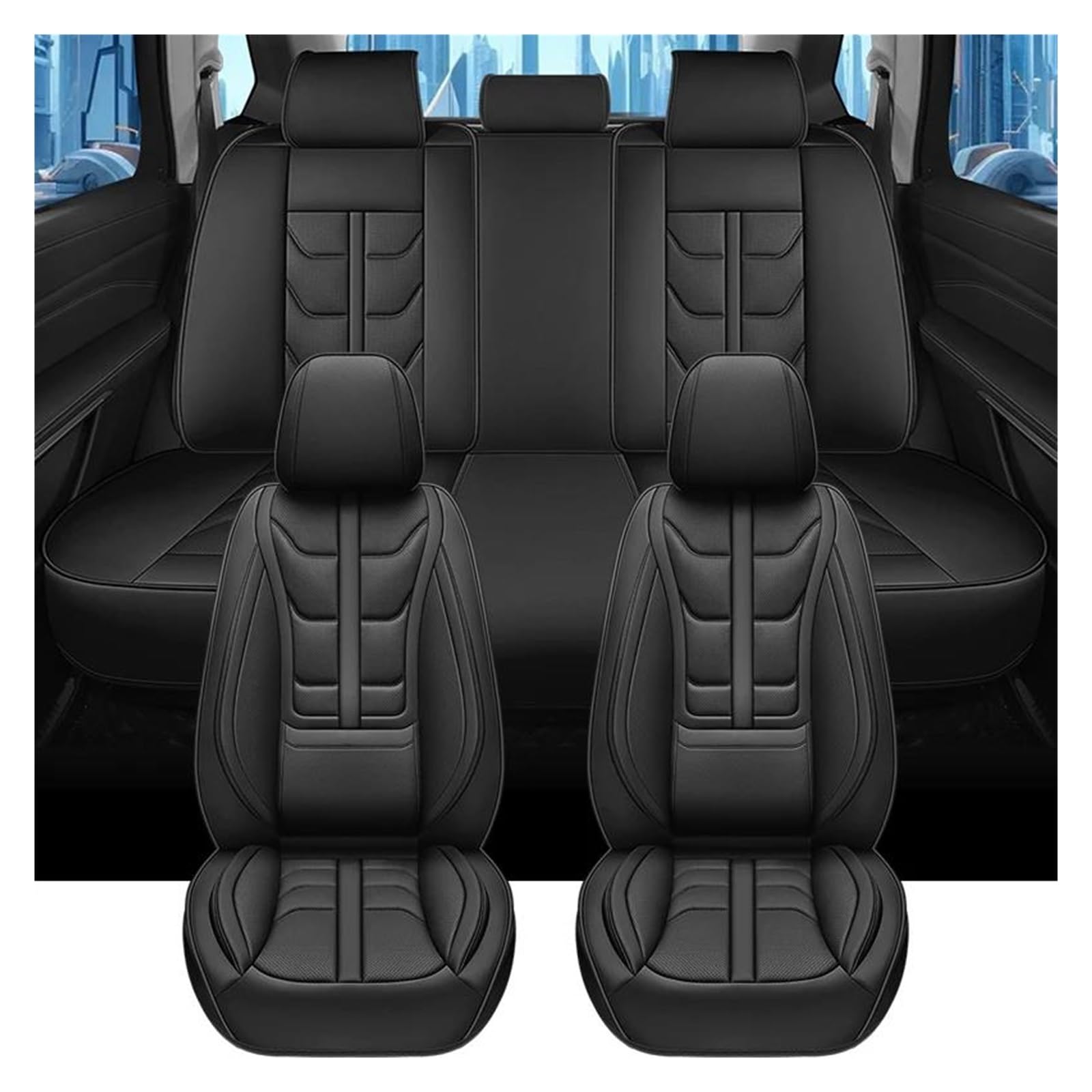Housses de siège voiture en cuir premium noir, protection intégrale 5 places