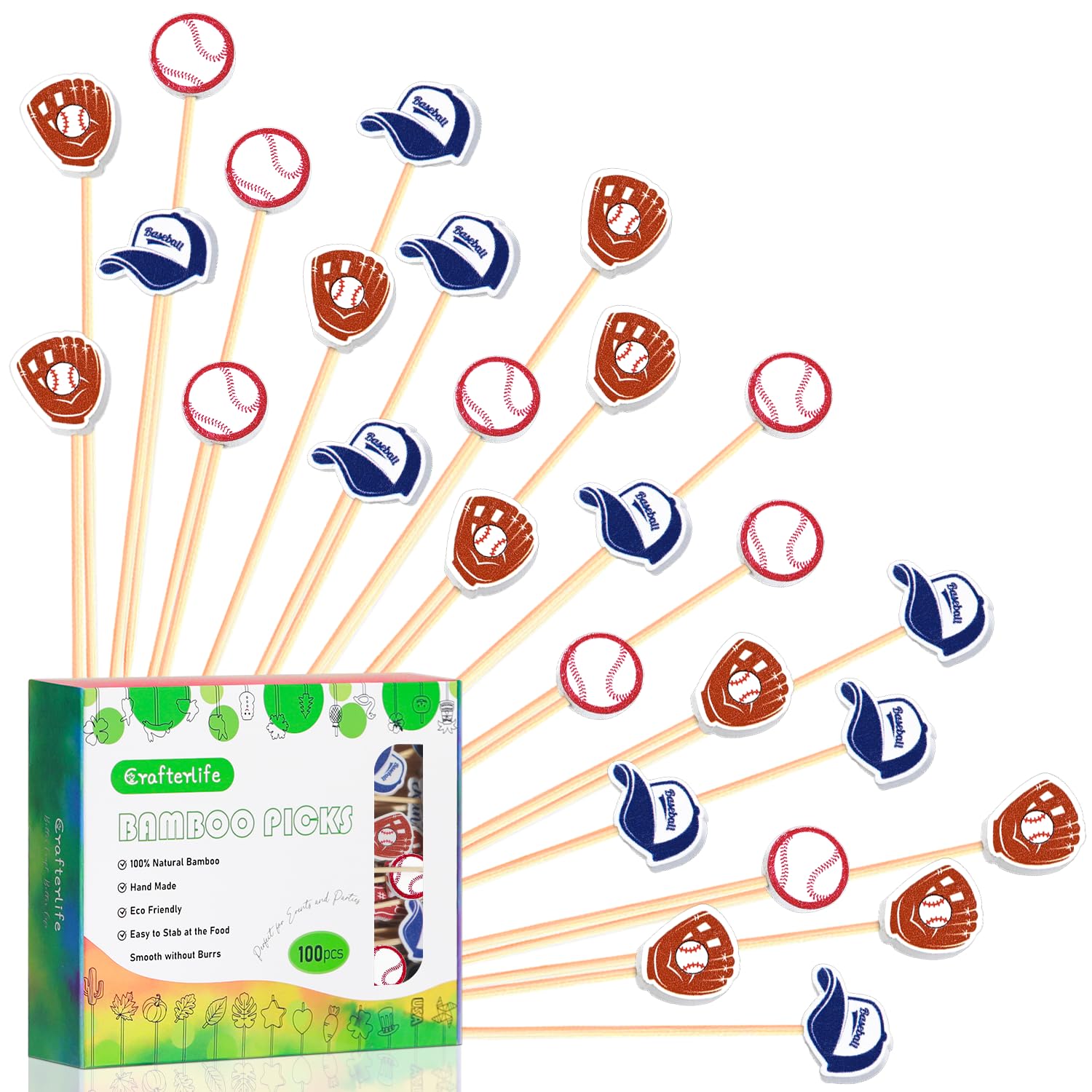 Baseball Cocktail Picks 5" Baseball End Decorative Toothpick Skewers Sticks for Appetizers Sandwich Food, Baseball Champions League Sports Catered Event Birthday Decorations Themed Party Supplies