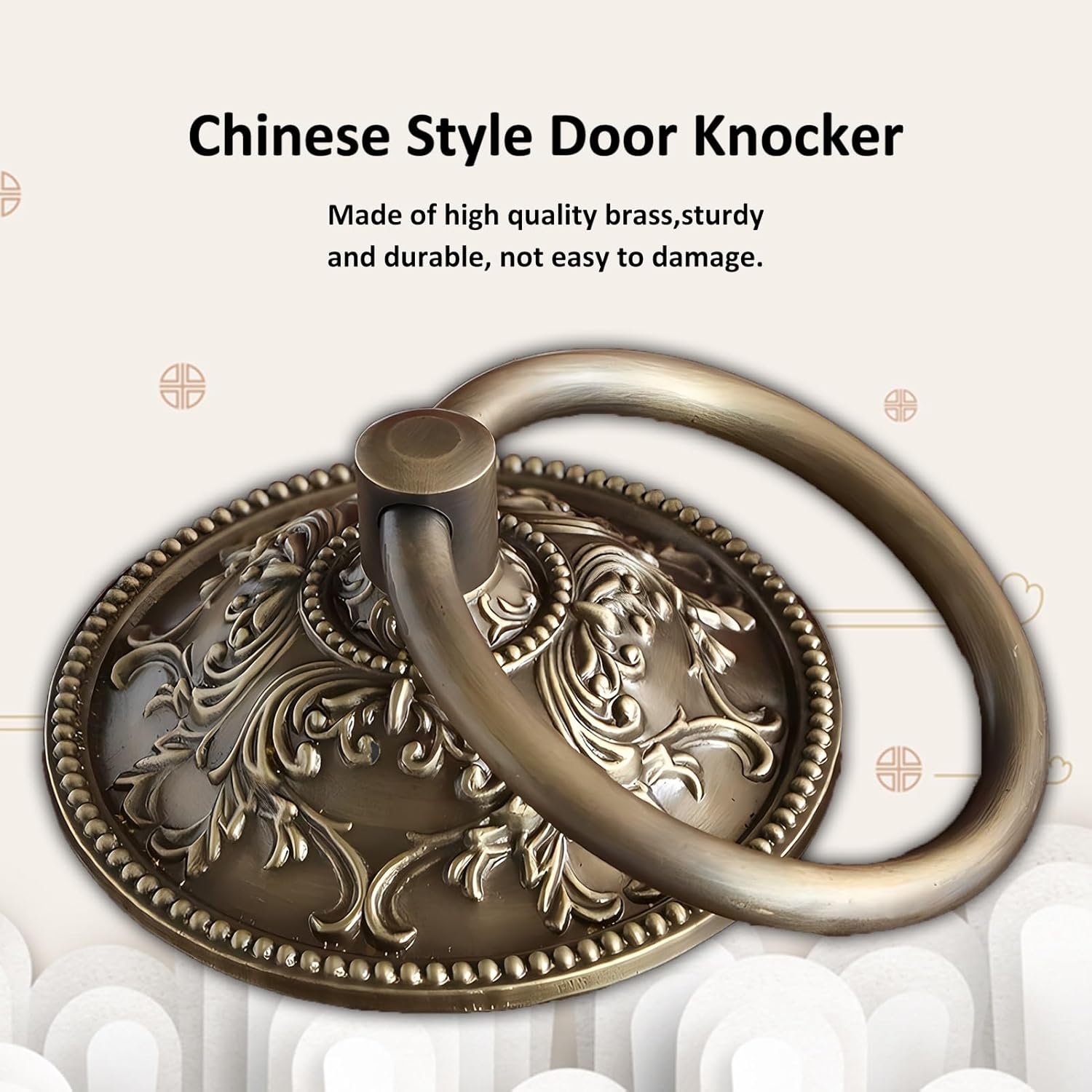 Door Knocker Decoration Brass Door Knockers, Antique Door Knocker and Front Door Ring Pull Handle, Easy to Assemble(Gold1,19.5cm/7.67in)
