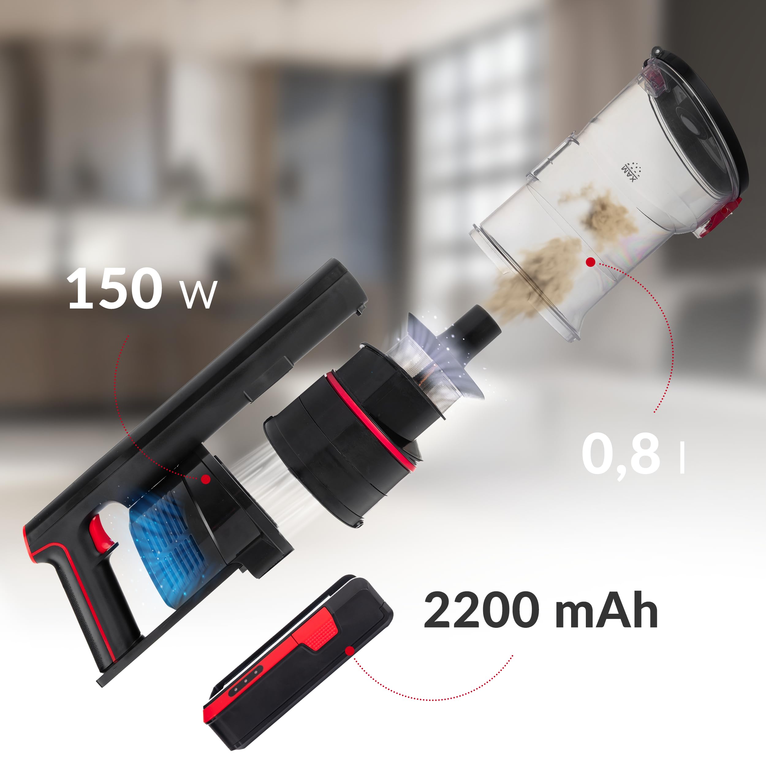 LEHMANN Odkurzacz akumulatorowy pionowy 150 W/12000 Pa/45 min, bezprzewodowy odkurzacz 3 w 1 dzięki wymiennym końcówkom, pojemnikowi 1,8 l, szczotce LED, filtrowi HEPA