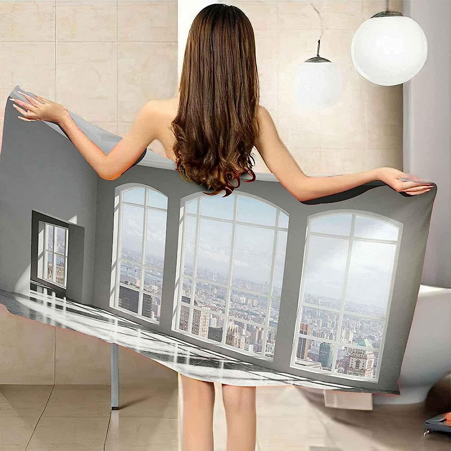 Telo Mare Microfibra Grande Edificio Bianco 200 X 200 Cm, 3D Telo Mare Leggero Antisabbia Per Donna Uomo, Asciugamano Microfibra Asciugatura Rapida Per Bagno, Spiaggia, Campeggio, Viaggio -9W0O+J5F