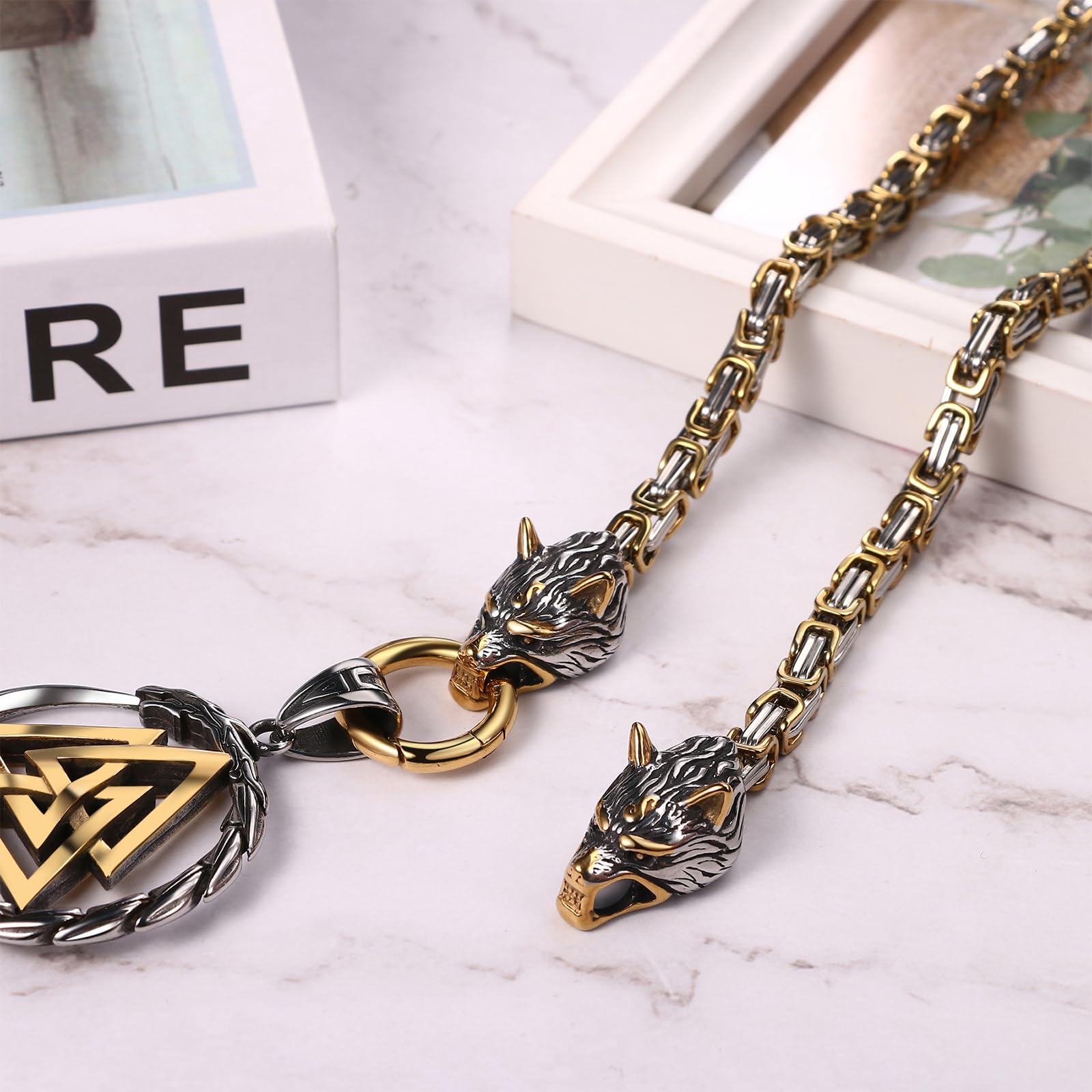JewelryWe Wikinger Wolf Halskette Herren Wolfskopf Valknut Thors Hammer Anhänger mit Königskette Mjolnir Edelstahl Kette Nordische Mythologie Amulett Schmuck für Männer