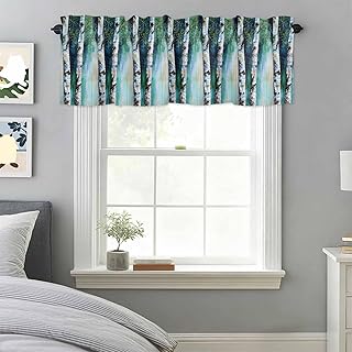 Spring Tree Valances for Windows, Vintage Painting Trees Green Leaf White Trunk Wood Grain Kitchen Valance Light Filtering Rod Pocket Short Curtains for Kitchen Bathroom, 1 Panel, 54"x18"
