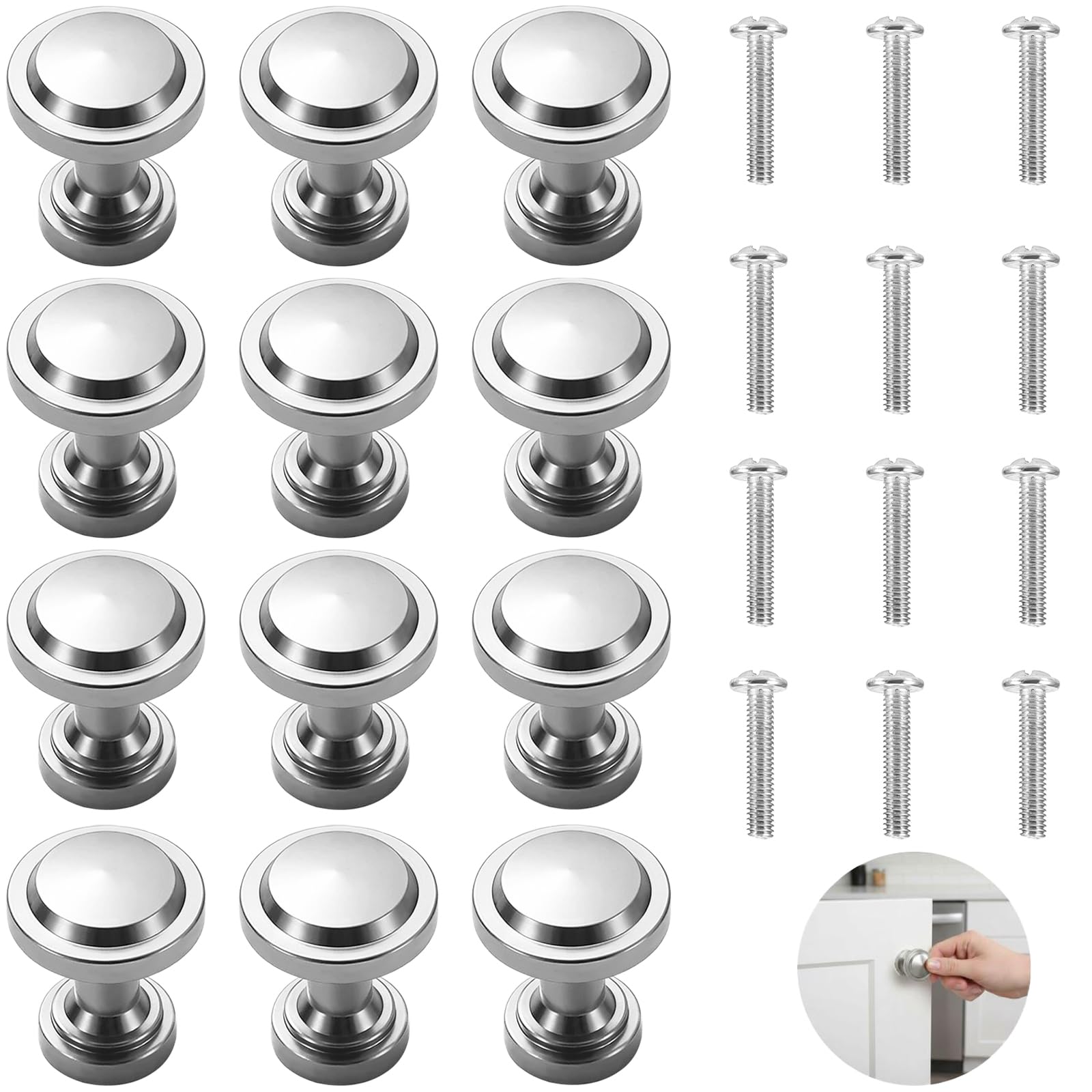 Calolin 12 Pcs Brushed Nickel Knobs,1.2 in Round Aluminum Alloy Cabinet Knobs, Single Hole Drawer Knobs,E asy to Install, for Kitchen, Bathroom, Bedroom