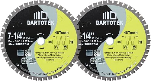 7-1/4"/184mm Metal Cutting Disc, DARTOTEK Circular Saw Blade 48T,Tungsten Carbide Tipped TCT Cut Off Wheel for Steel, Ferrous Steel Pipe with 5/8" Arbor (2 of Pack)