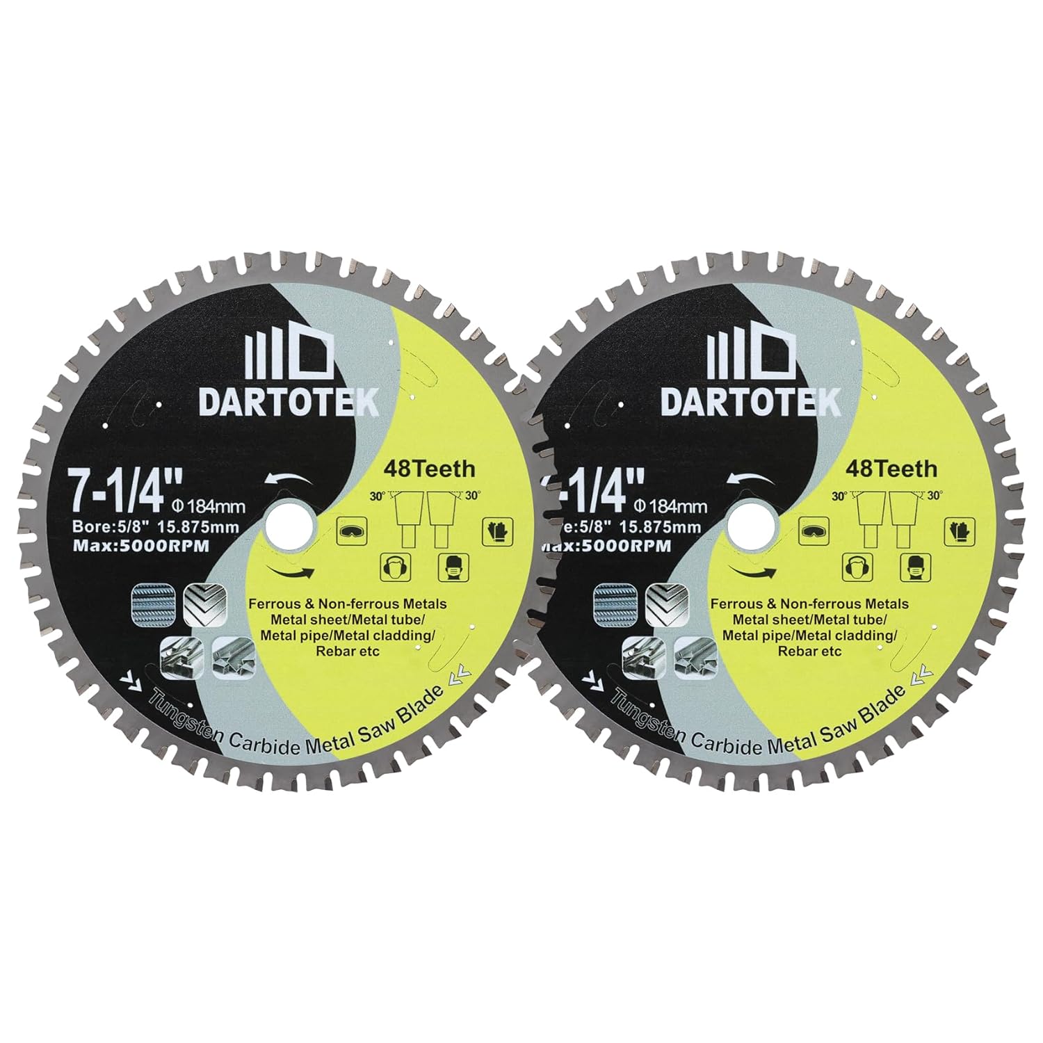 7-1/4"/184mm Metal Cutting Disc, DARTOTEK Circular Saw Blade 48T,Tungsten Carbide Tipped TCT Cut Off Wheel for Steel, Ferrous Steel Pipe with 5/8" Arbor (2 of Pack)