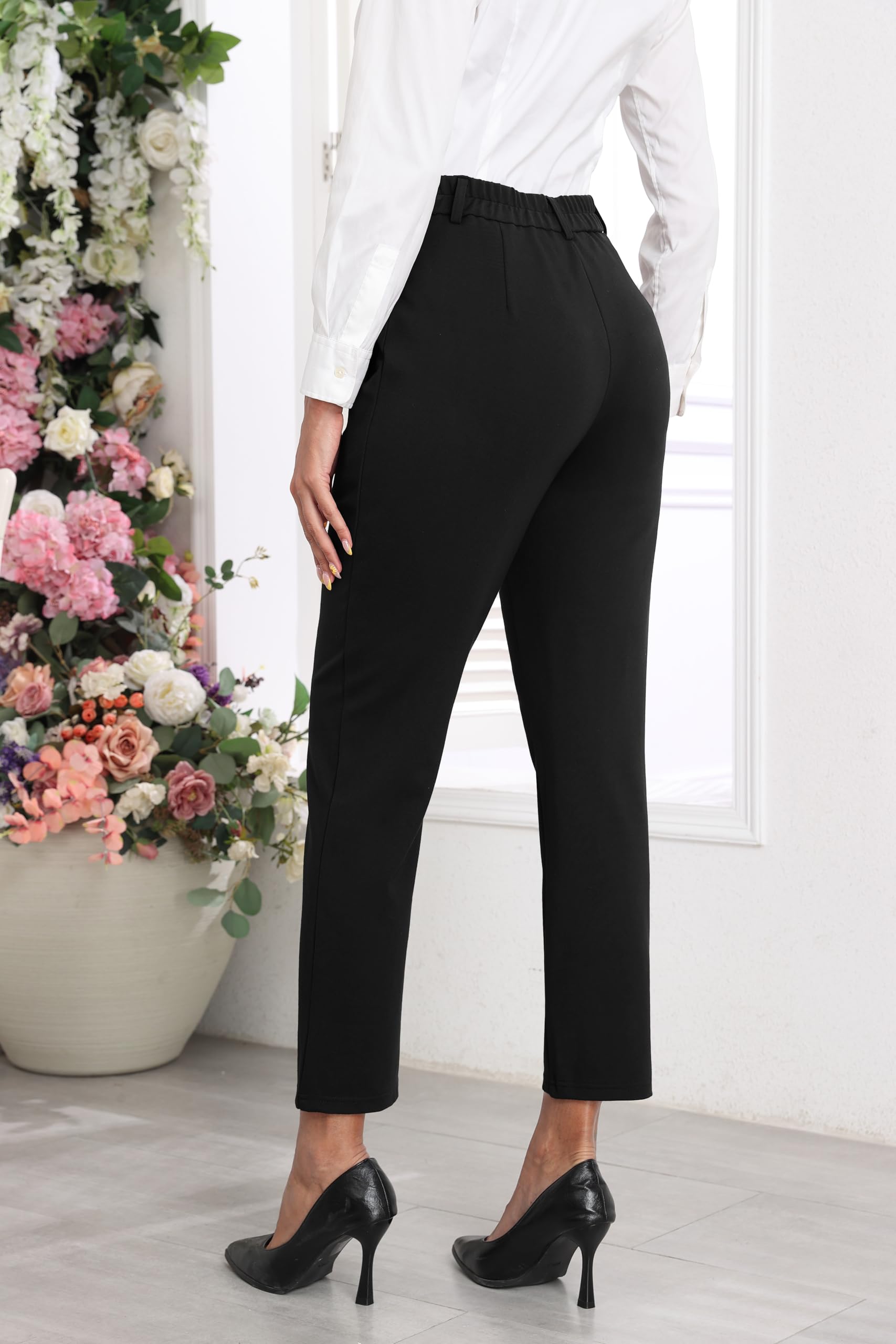GRECERELLE Pantalones de trabajo para mujer, elegantes, elásticos, cintura alta, pierna recta, pantalones casuales de yoga para mujer, con bolsillos y cremallera