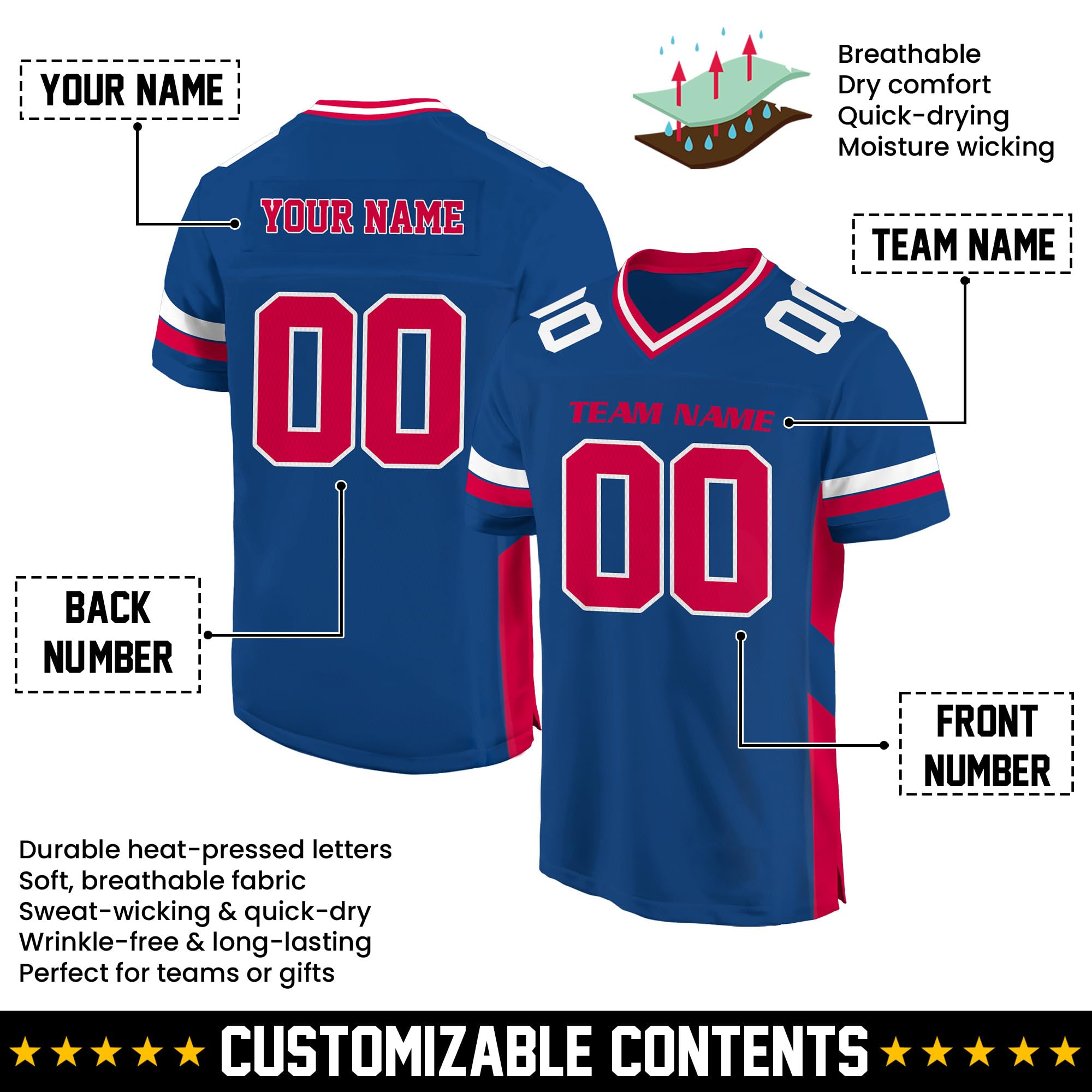 Custom Football Jersey - Personalized Name, Number & Logo, Customized Blue & Red Sports Jersey for Men, Women, Youth, Toddlers