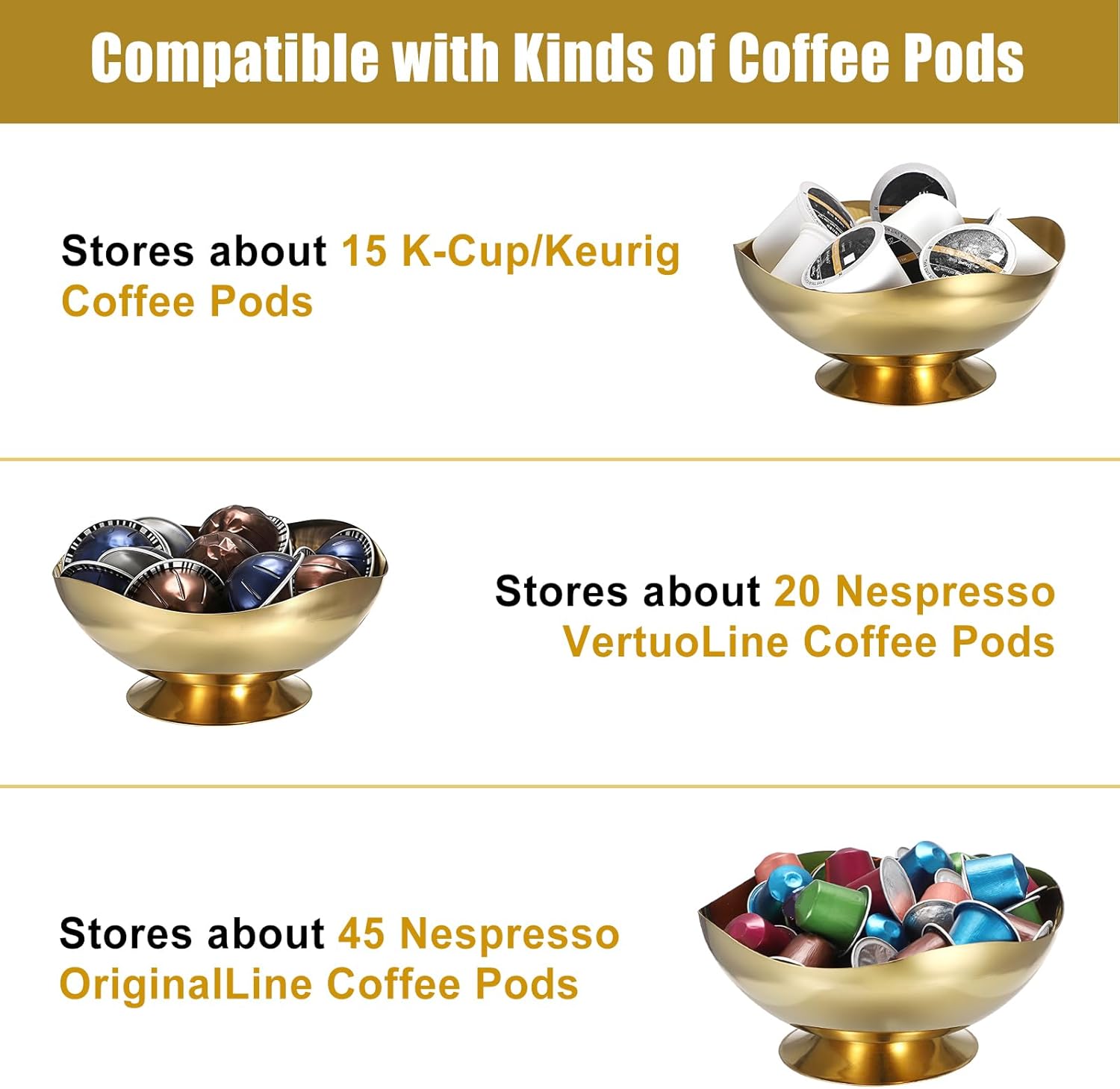 ELLDOO Coffee Pod Holder, 7.1inch Gold Metal Coffee Pod Storage for K Cup Nespresso Vertuo Keurig, Creamer Organizer Candy Bowl Fruit Snacks Jar for Countertop Kitchen Breakroom