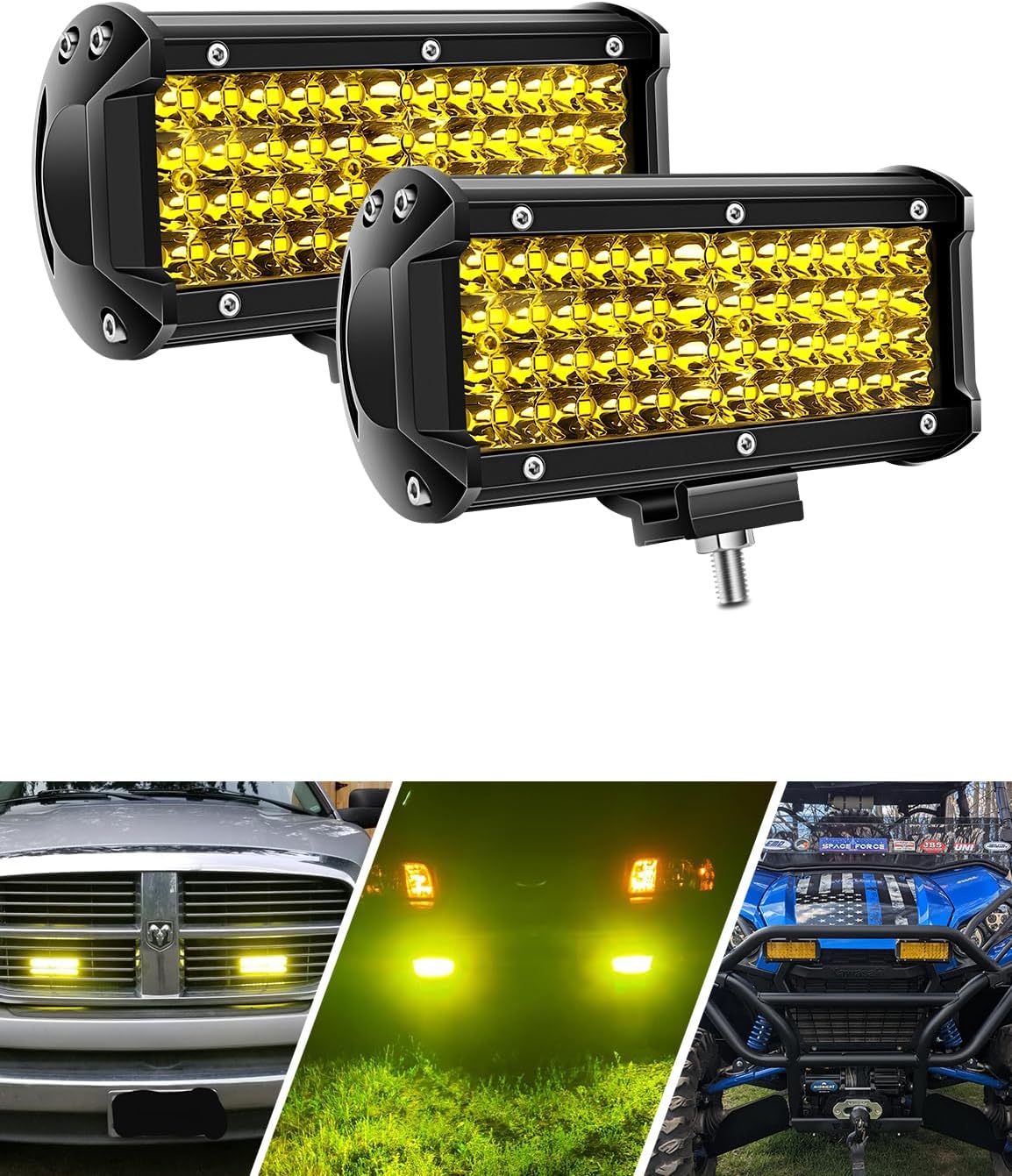 Amber Fog Lights, 7 Inch 2PCS Yellow Led Light Bar Spot Beam 11,520 LM Quad Row Led Pod Lamps Compatible with Jeep Trucks ATV UTV SUV Boat Marine