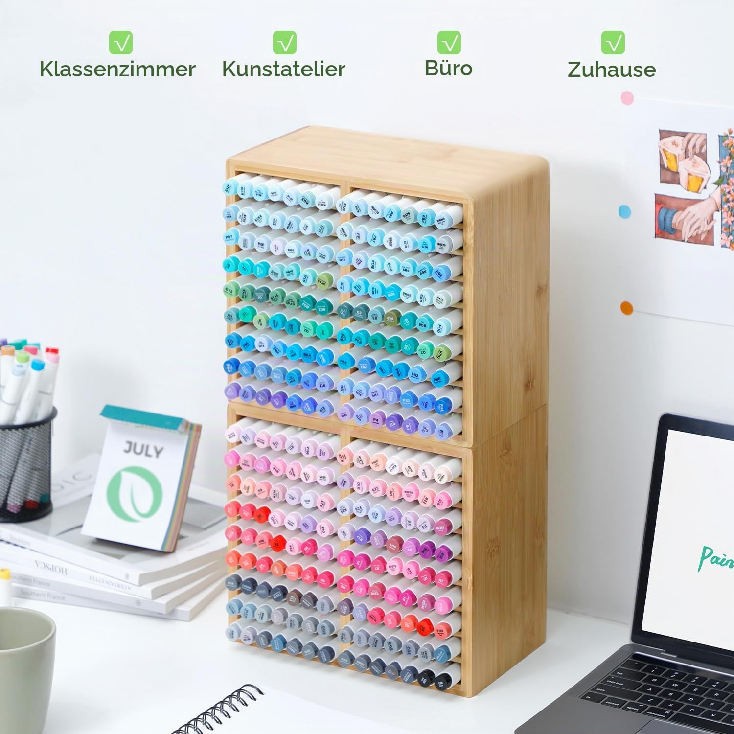 Ohuhu Bambus Organizer,Holz Desktop Aufbewahrung für 126 Markerstifte | Stifte Bleistifte Kunstpinsel stationärer Organizer, Bleistifthalter mit 18 Fächern für Klassenzimmer Büro Dekoration