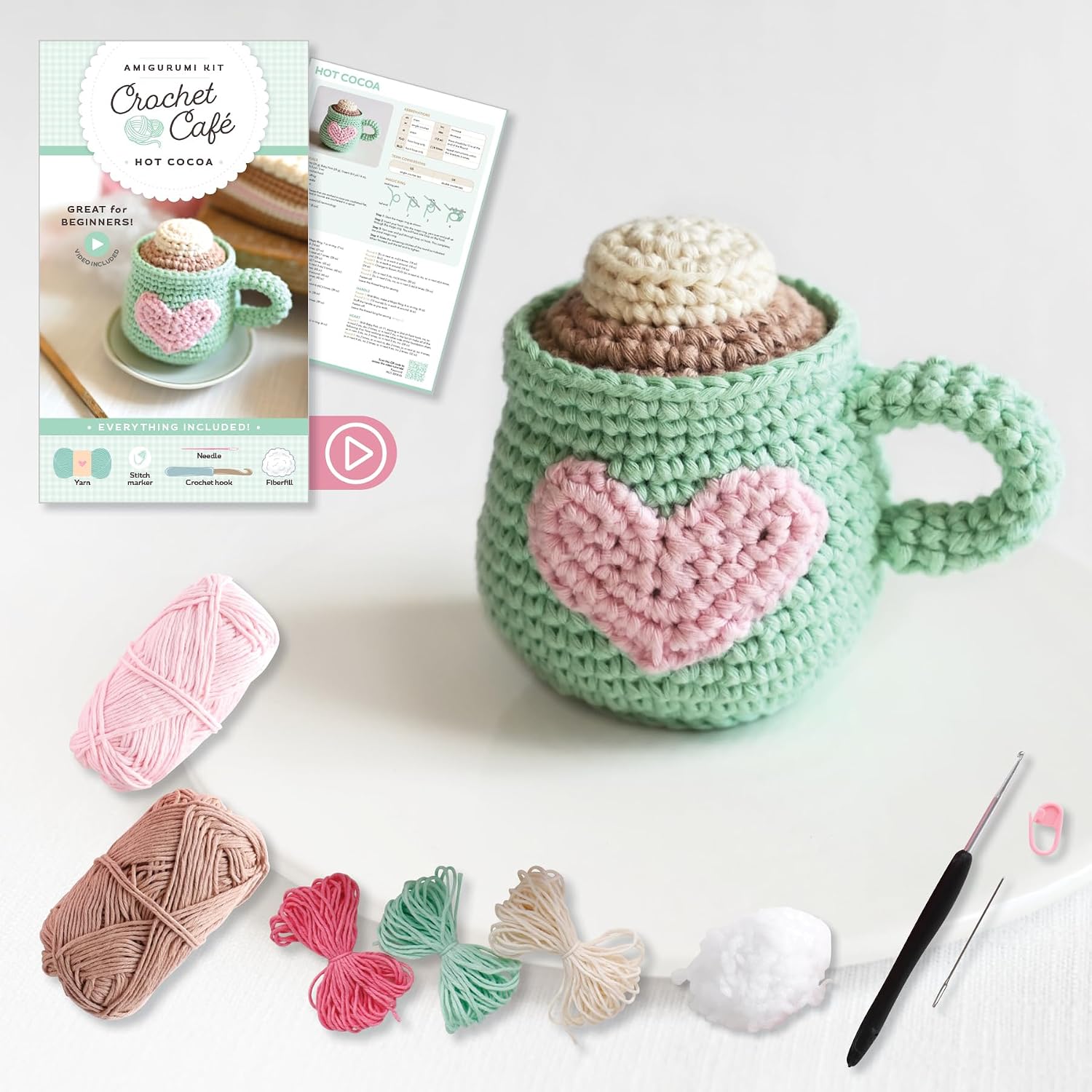 Crochet Cafe Amigurumi Kit Hot Cocoa: Everything You Need Is Included: 100%-Cotton Yarn, Crochet Hook, Stitch Marker, Tapestry Needle, Fiberfill, ... Instruction Videos; Beginner Friendly!      Paperback – September 15, 2025