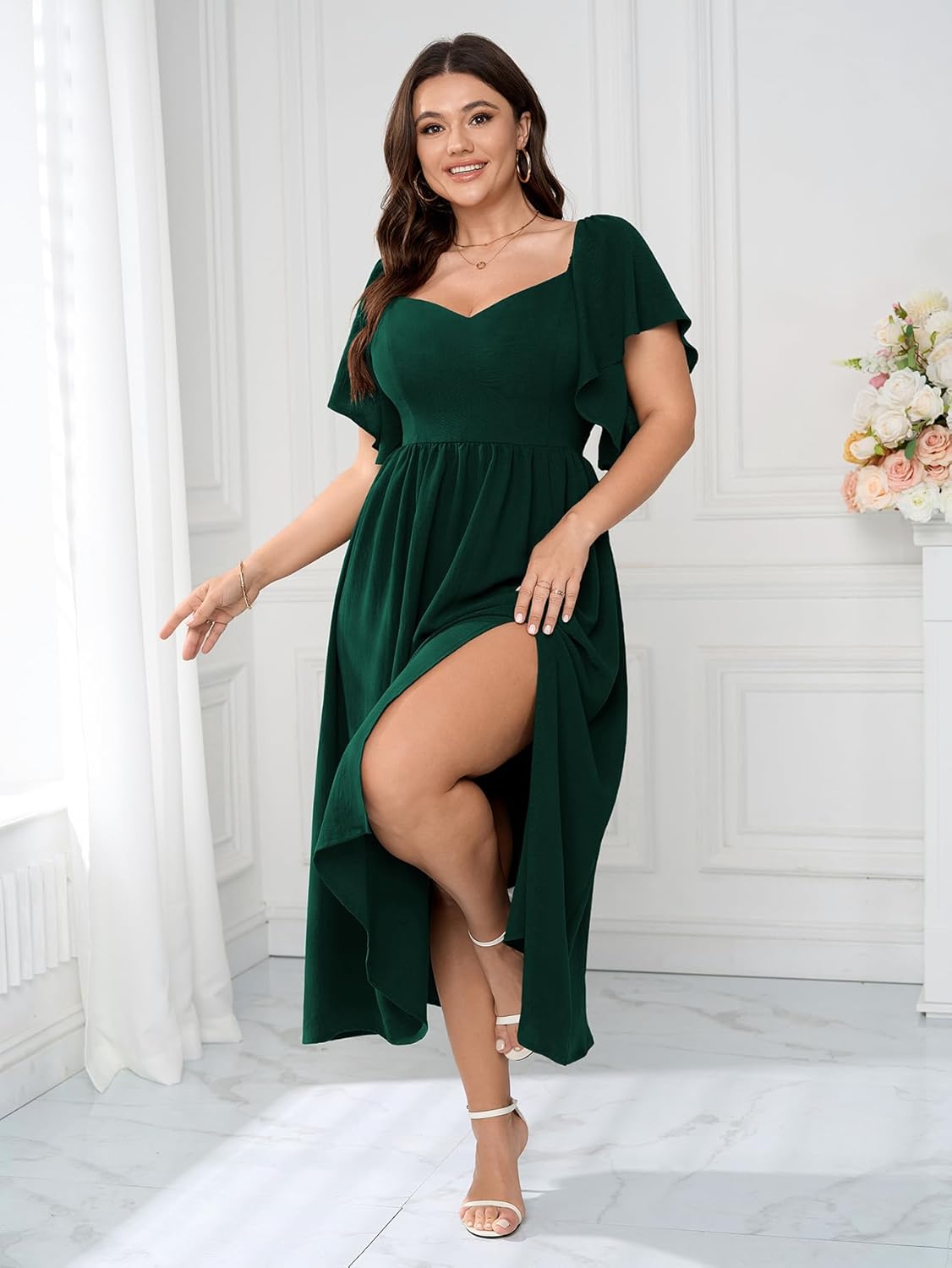 SCOMCHIC Women Plus Size Dresses Short Sleeve Sweetheart Neckline Wedding Guest Cocktail Smocked A Line Slit Maxi Dress - Image 4