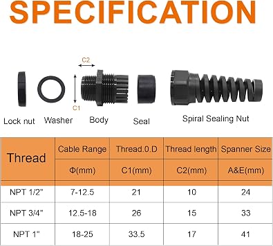 4Pcs NPT 3/4 Black Cable Gland, IP68 Waterproof Nylon Joint Adjustable Locknut Flex Spiral Strain Relief with Gaskets for 12-18mm Cable Range
