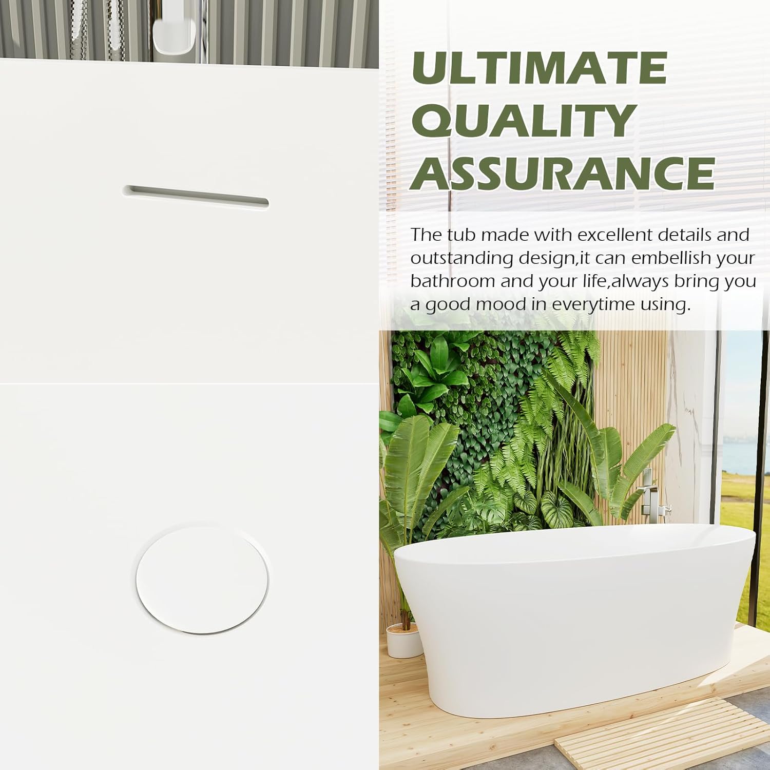 GIVINGTREE 63'' Freestanding Solid Surface Resin Stone Bathtub, Contemporary Design Stand Alone Tub with Pop-up Drain and Overflow, cUPC Certified (PO1072-White)