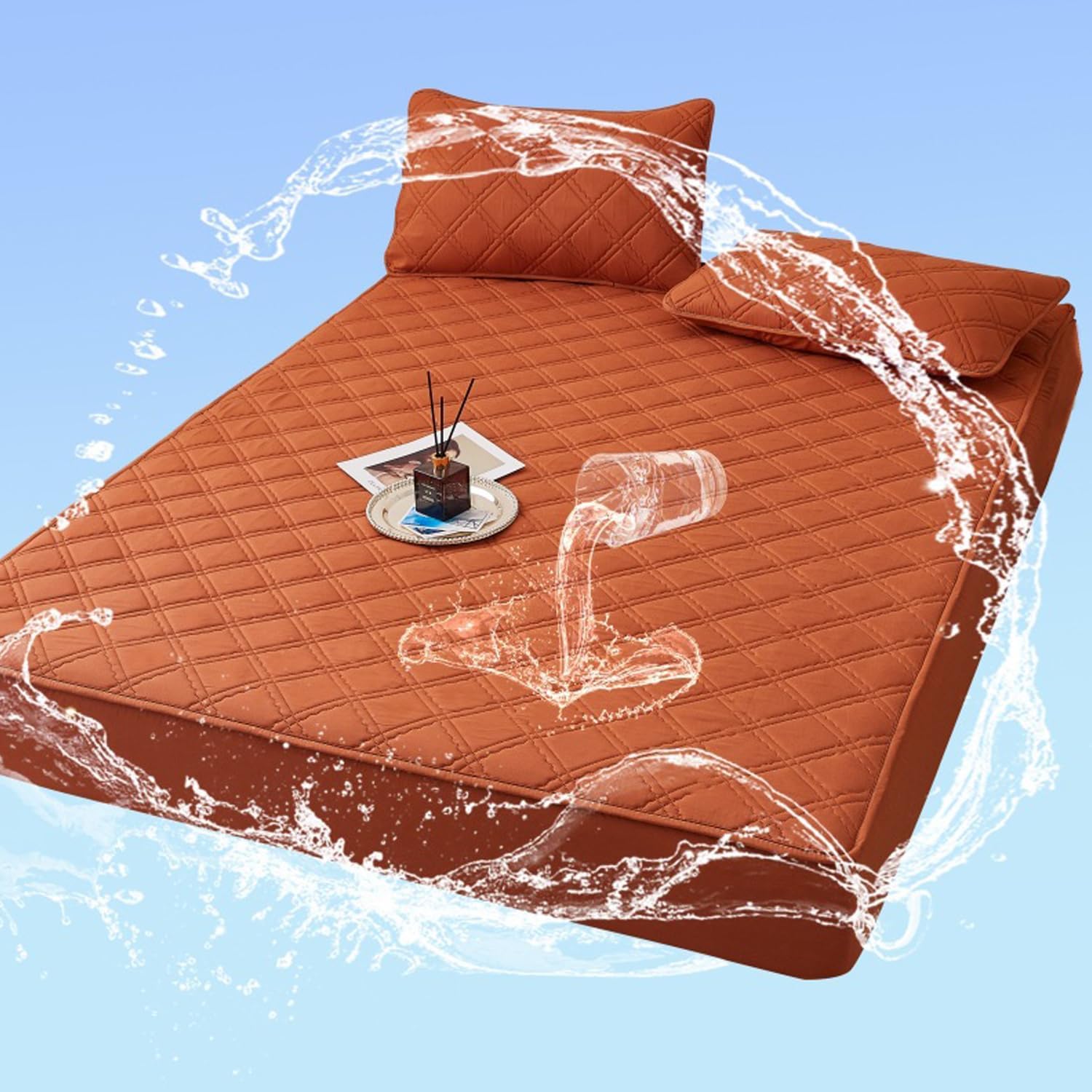 Waterproof Fitted Mattress Pad Cover Protector Queen Size Bed Quilted Mattress Cover Cotton Mattress Topper Dust Cover Soft Washable 12 Inch Deep Pocket Elastic Band,Orange,39x75inch