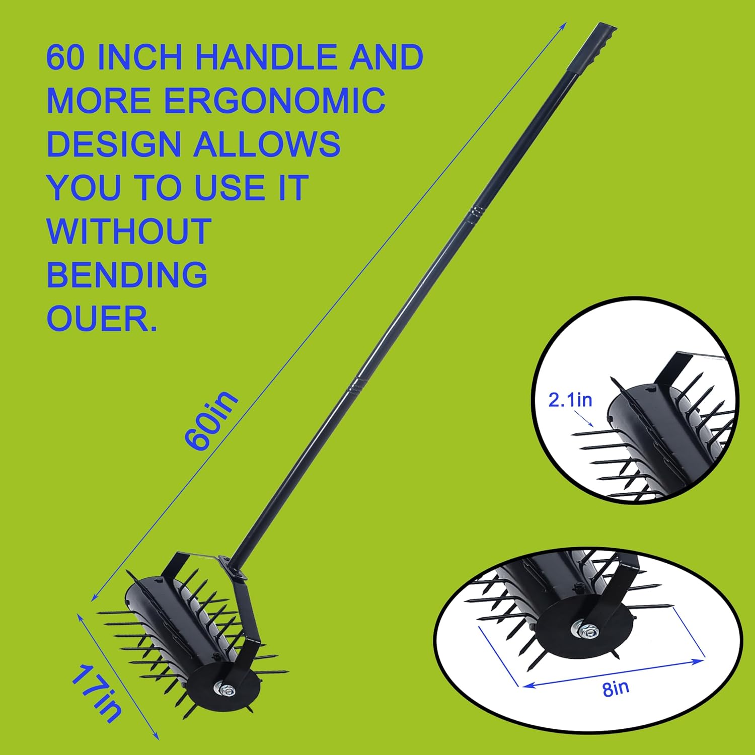 Rolling Manual Lawn Aerator, 60 Inch Handle Push Lawn Aerator, Heavy Duty Steel Spike Lawn Aerator Tool for Lawn, Yard, Garden and Patio