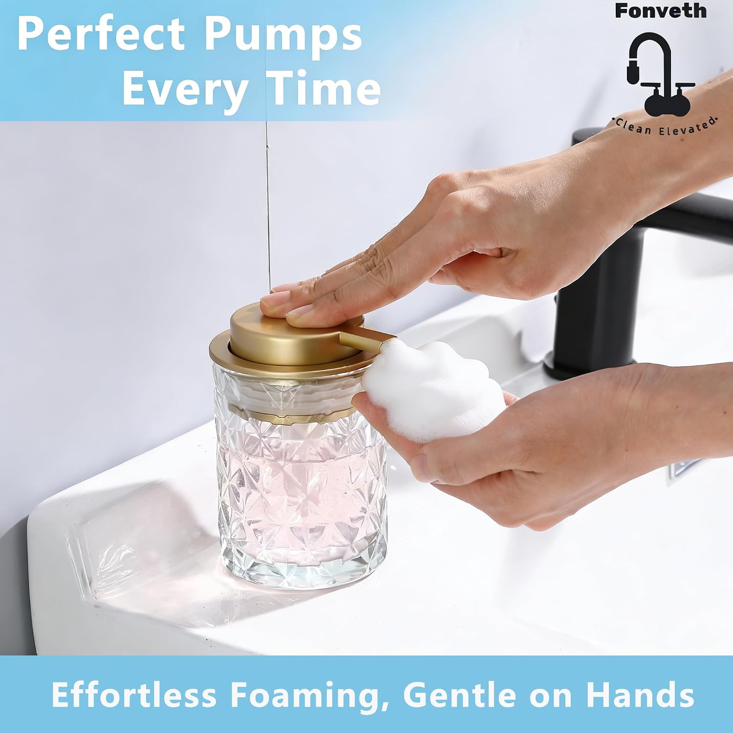 Foaming Soap Dispenser Clear Glass Bottle Gold Pump, Easy Refill and Clean Design Clog-Free Heavy Glass for Kitchen Bath