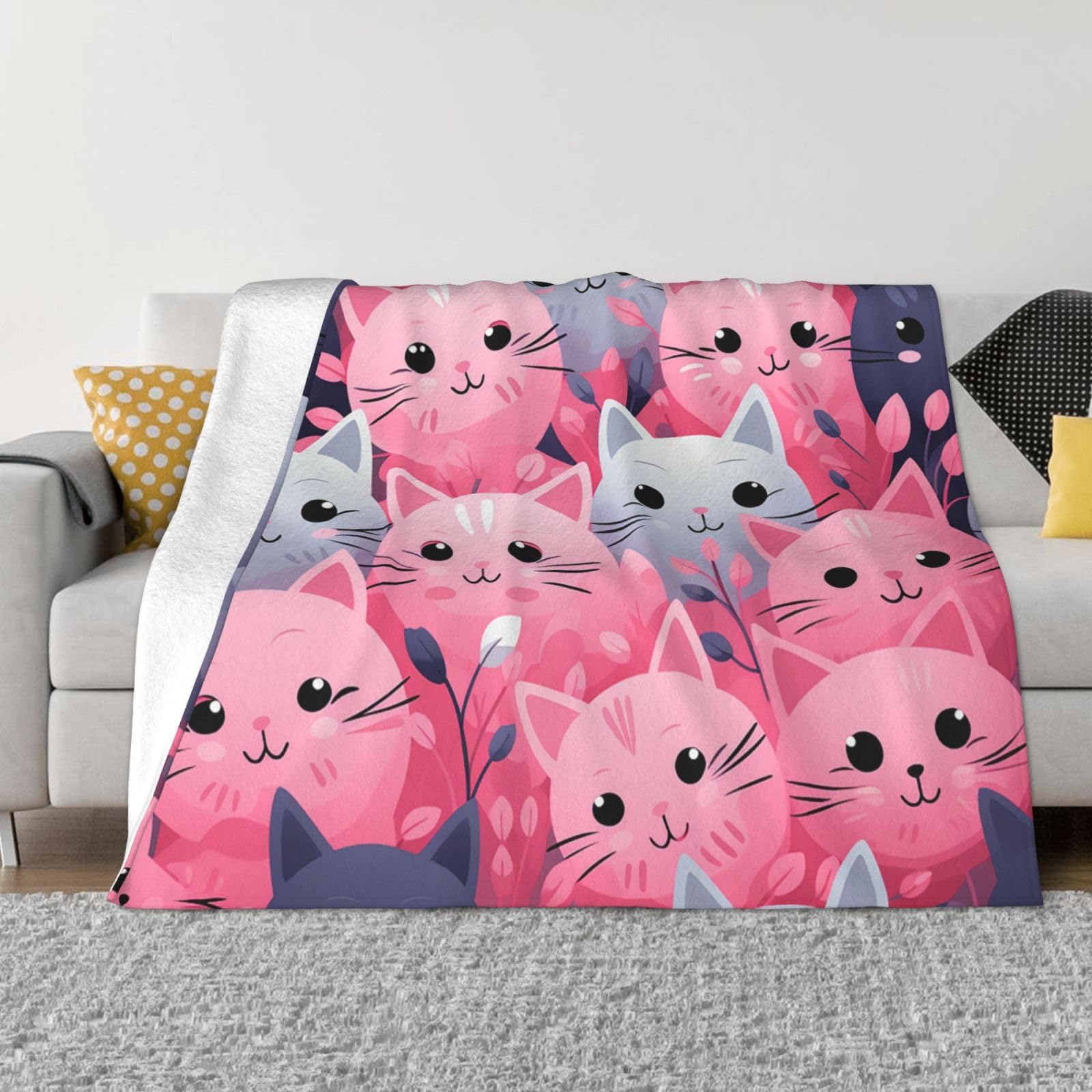 Plaid canapé chat rose en flanelle pelucheuse pour soirées cocooning au salon
