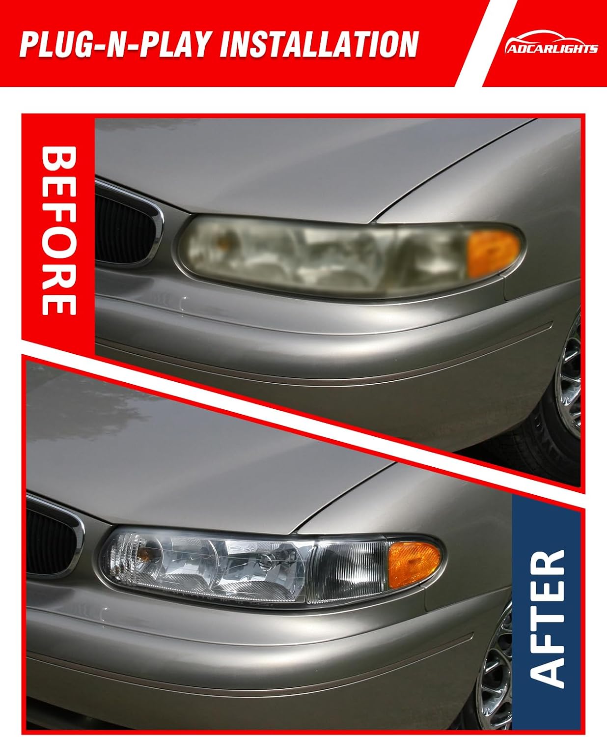 for Buick Century 1997-2005 Headlight Assembly Compatible with 1997-2004 Regal OE Halogen Headlight Replacement Driver and Passenger Side (Bulb Not Included)（W/O Bulbs）