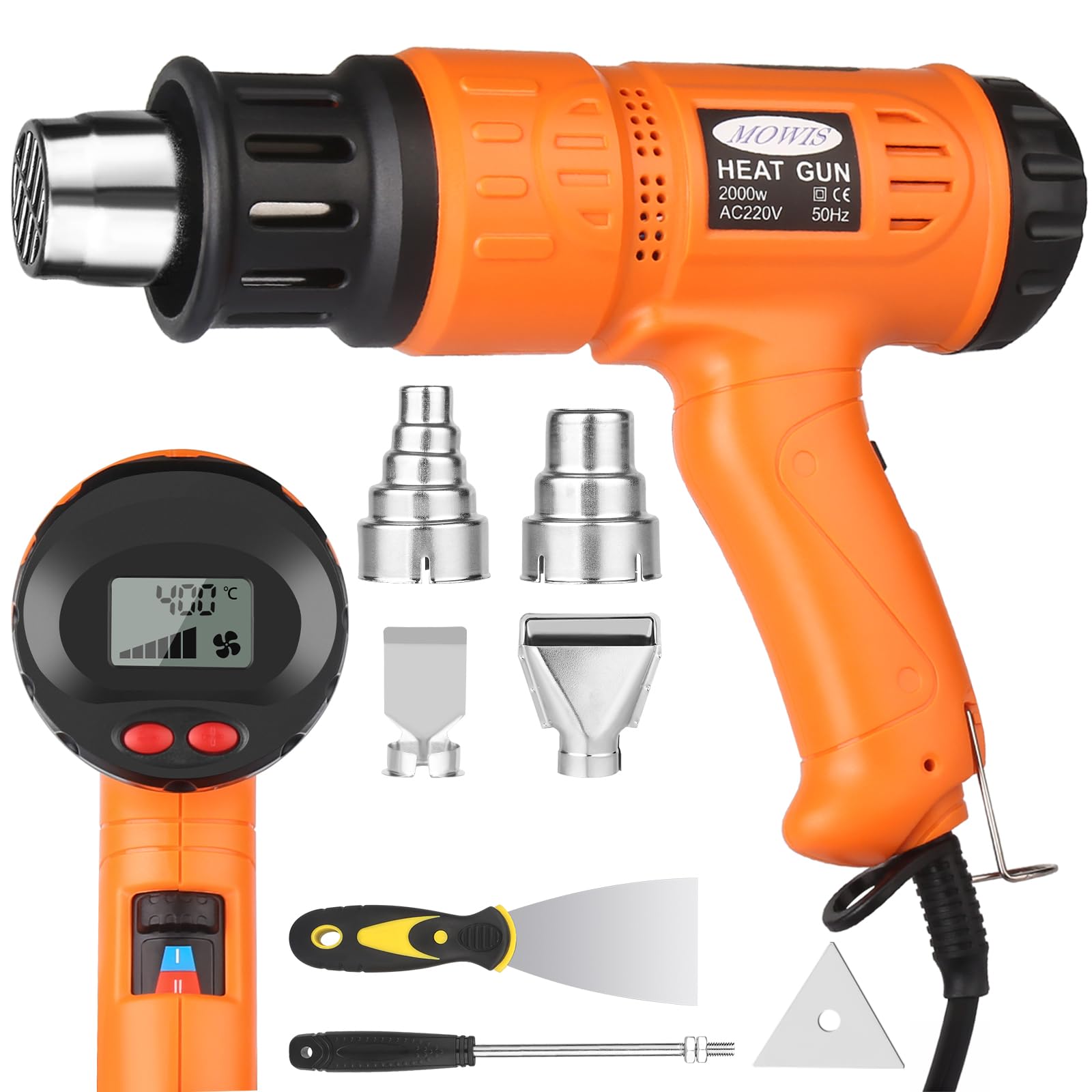 2000W Pistola ad Aria Calda MOWIS Professionale Pistola Termica con LCD Display 600°C Temperatura Regolabile, Per restringere il PVC, accendere il carbone, rimuovere la vernice, Arancione