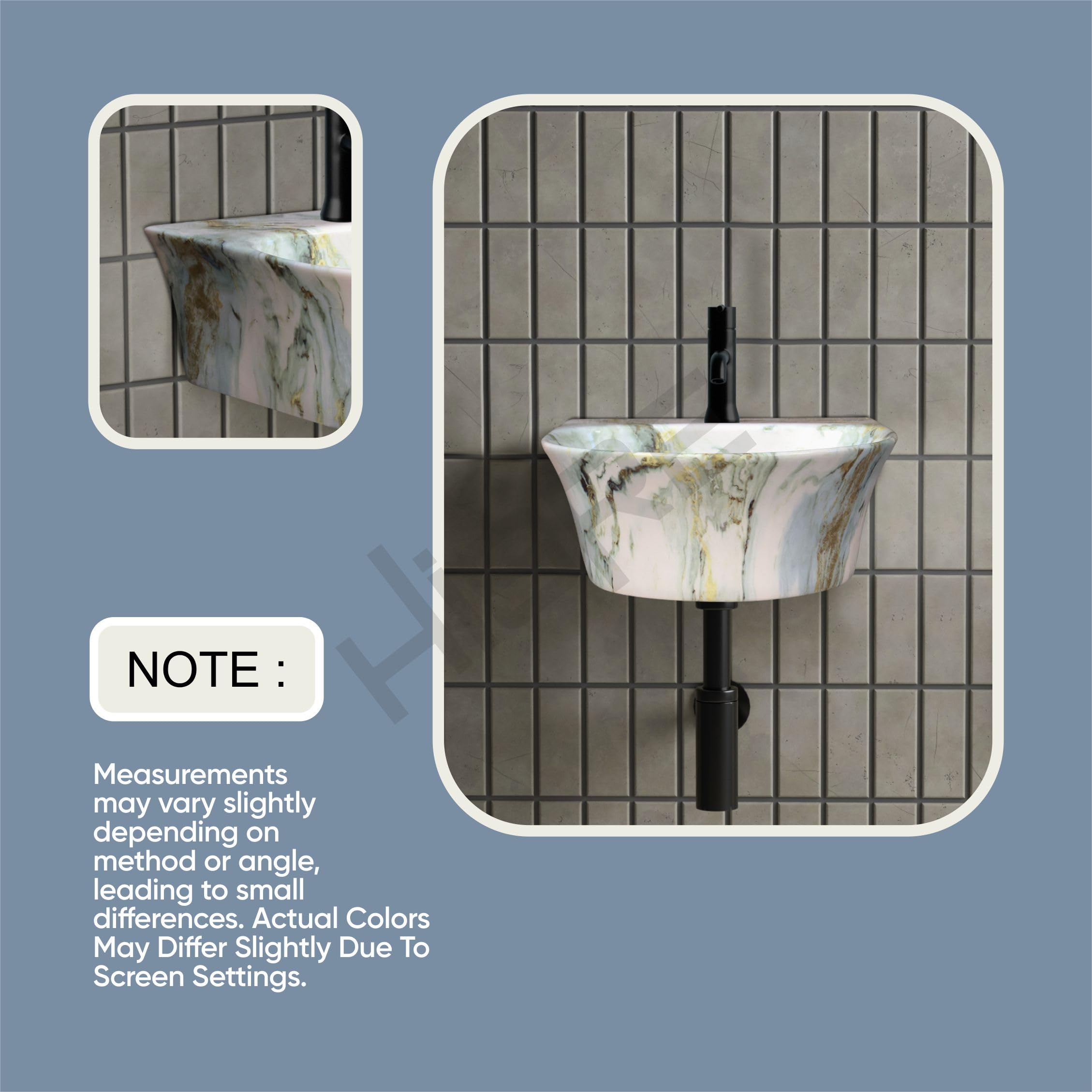 HISRE Wall Mount Wash Basin | White Ceramic Sink with Green and Golden Marble Texture | Stylish Rounded Rectangular Bathroom Basin for Modern Home & Office Décor, photo 5 of 5