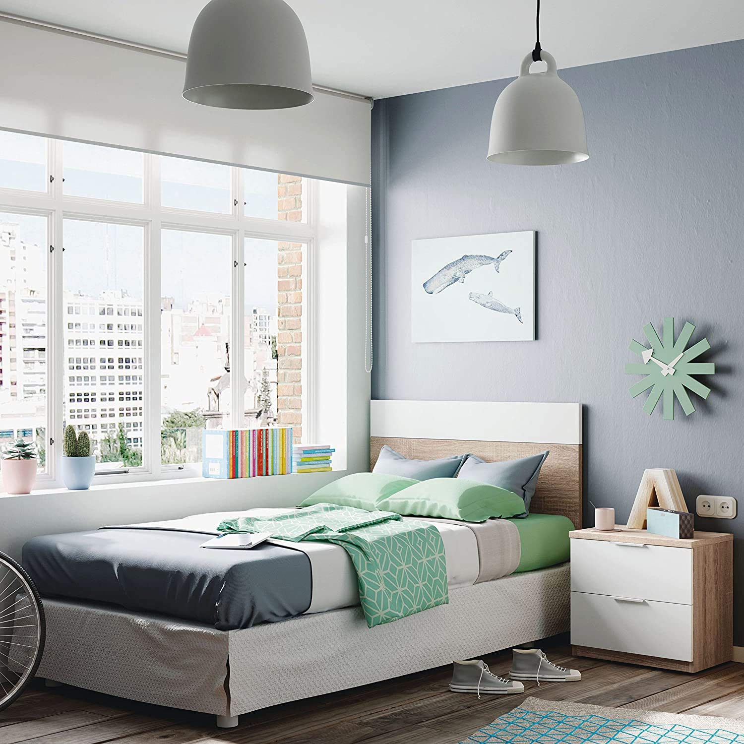 Mobelcenter – Cabezal y Mesita de Noche Juvenil Mediterráneo – Cabecero y Mesita Juvenil Color Roble Canadian y Blanco Artik – Medidas: Ancho: 150 cm x Fondo: 38 cm x Alto: 95 cm - (0897)