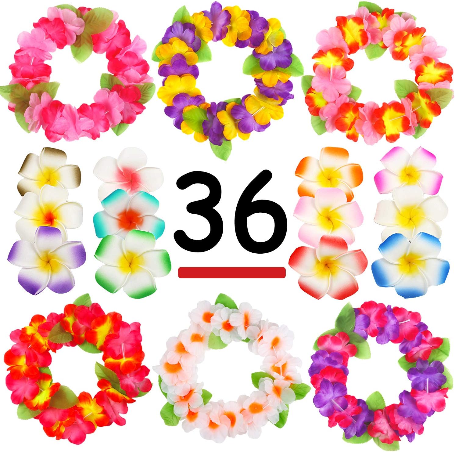 Hawaiian Luau, 36 Pack Flower Headband Lei and Hair Clips Set, Headpiece Hairpins Party Favors For Summer Beach Vacation, Tropical Party Decorations Supplies , Birthday, Wedding And Costume Events
