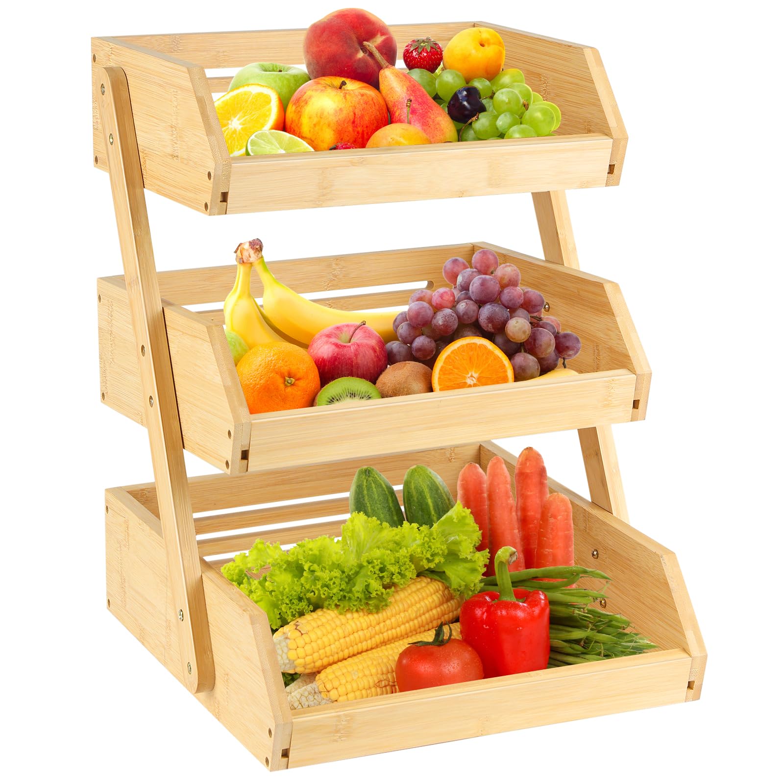 HUOLE Supporto per Cesto di Frutta in Bambù, a 3 Ripiani, Supporto per Cestino di Frutta, Organizzazione del Pane in Cucina, per Piano di Lavoro di Cucina per Frutta 30*33*41cm