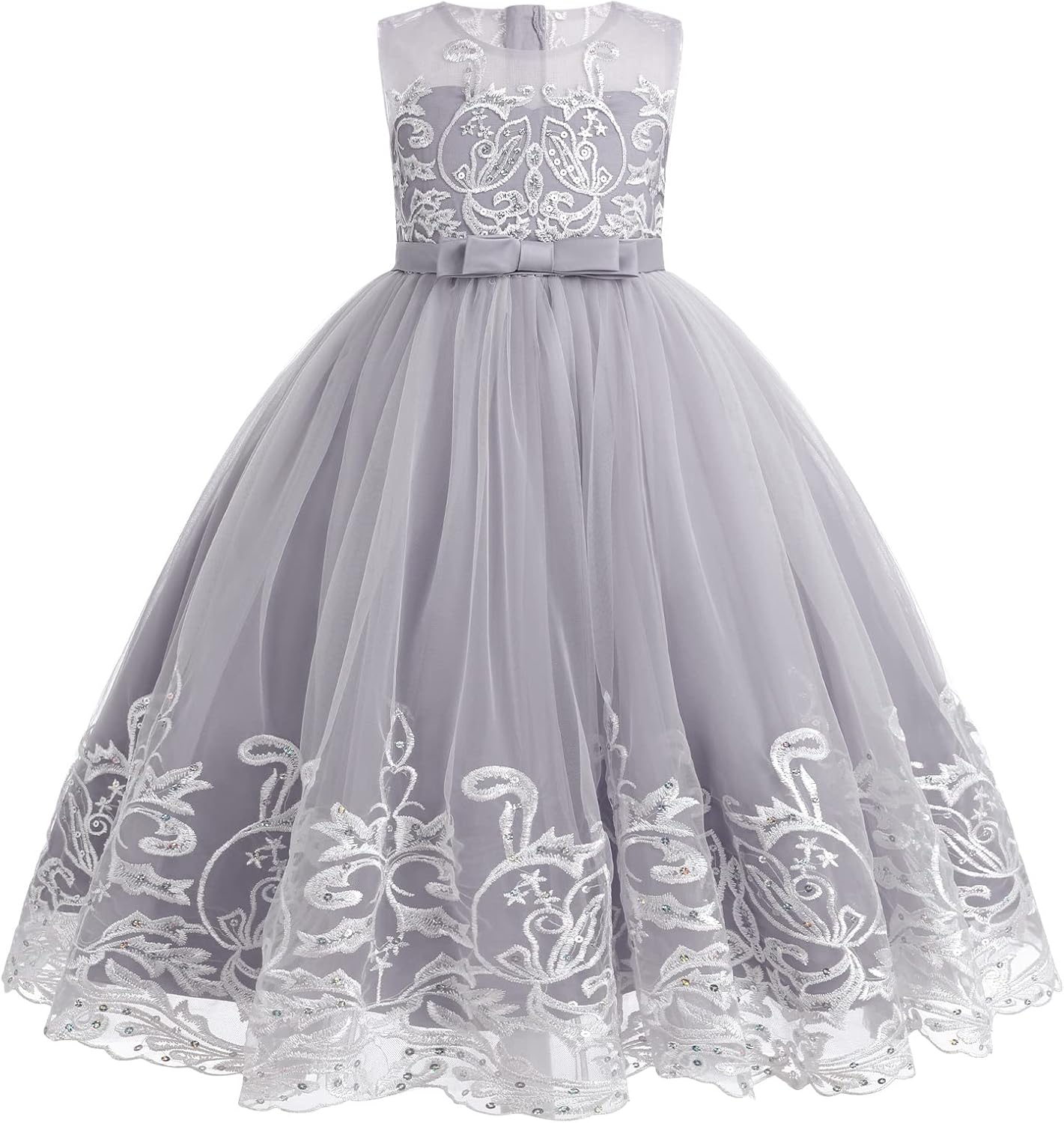 Flower Girl Lace Dress for Kids Wedding Bridesmaid Pageant Party Formal Long Gown Princess Communion Tulle Bow Dresses