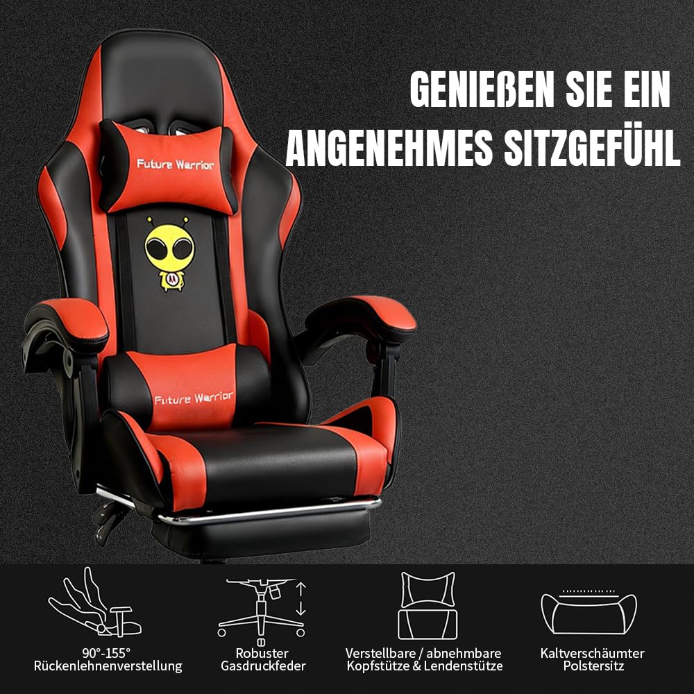 Sedia da gioco ergonomica con poggiapiedi, poggiatesta e supporto lombare, regolabile in altezza, sedia da gioco imbottita, sedia girevole per PC, colore nero (nero-rosso)
