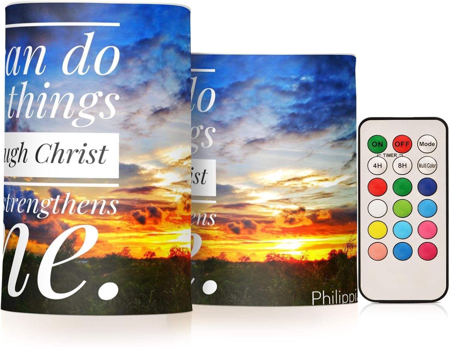 Bible Verse Sunset Landscapes Flameless Candles with Remote Set of 2, Remote Control Battery Operated LED Candles Indoor Outdoor for Home Decor Living Room Garden Decoration