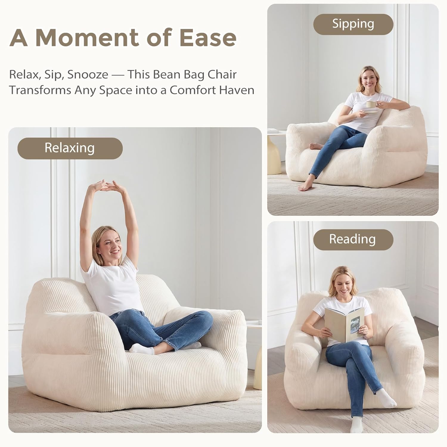 HUGHEAVEN Big Bean Bag Chair for Adults & Kids, Giant Oversized Bean Bag Couch, Comfy Reading Chair with Armrests, Soft Cozy Chair for Bedroom, Lounge Sofa for Gaming, Napping & Relaxing, Beige