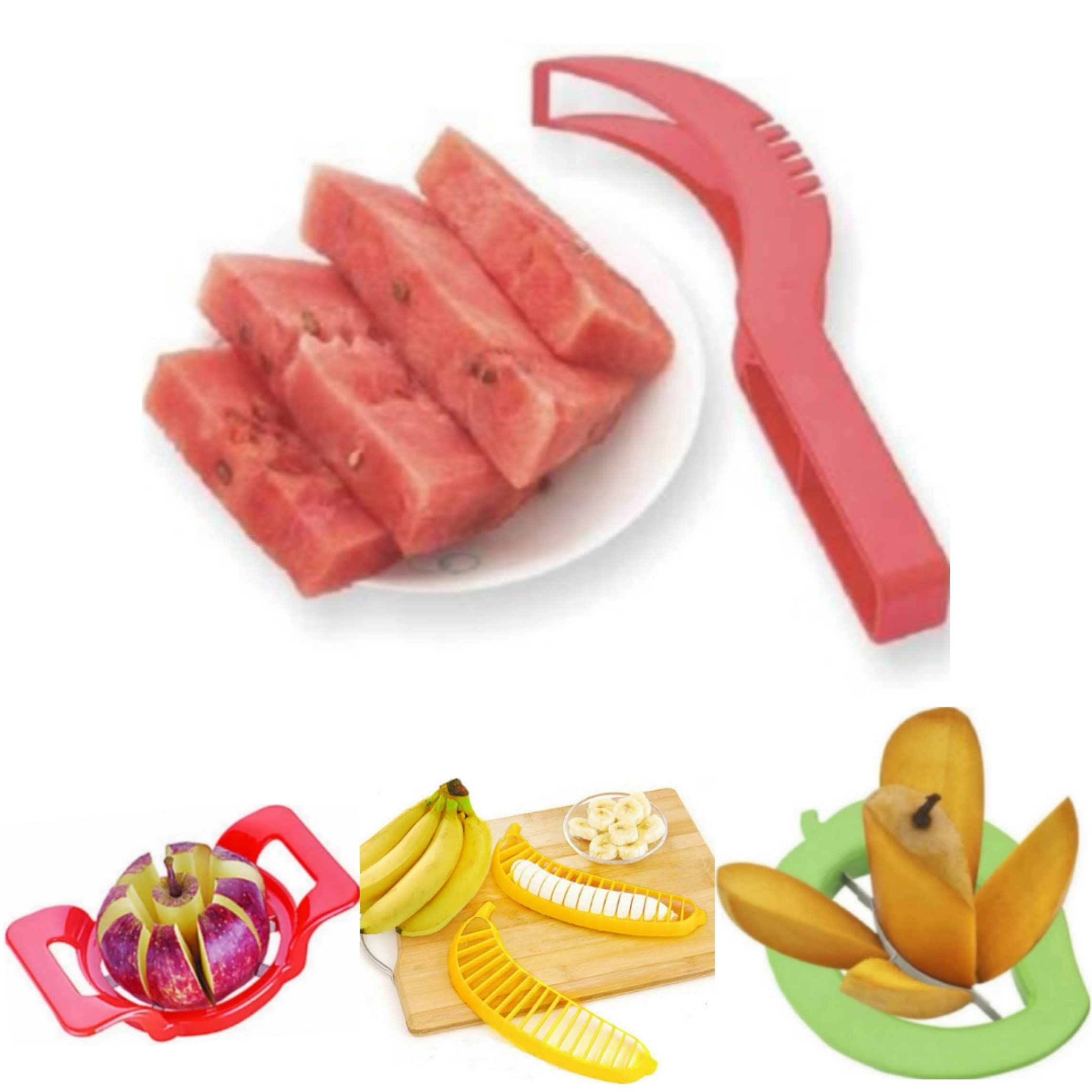 The Civic Shopper Plastic Fruit Combo of Watermelon Slicer, Deluxe Apple Cutter, Premium Mango Cutter & Attractive Banana Cutter (Pack of 4, Multi Color)