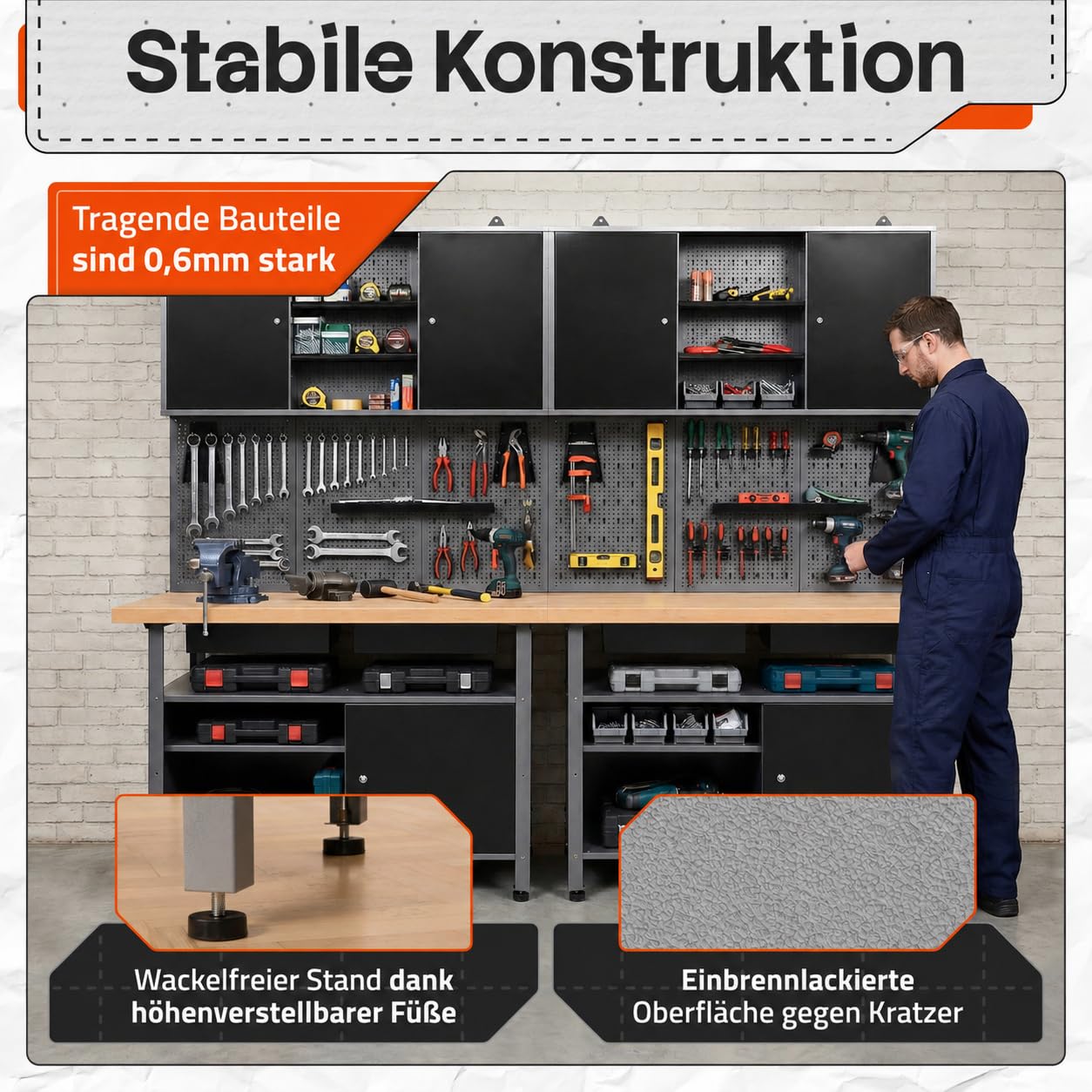 Ondis24 Werkstatteinrichtung Werkstatt Set Werkbank Fritz Hängeschrank Werkzeugwand Metall Schwarz Grau (Hängeschrank Kurt, 240 cm) Buchenholzarbeitsplatte