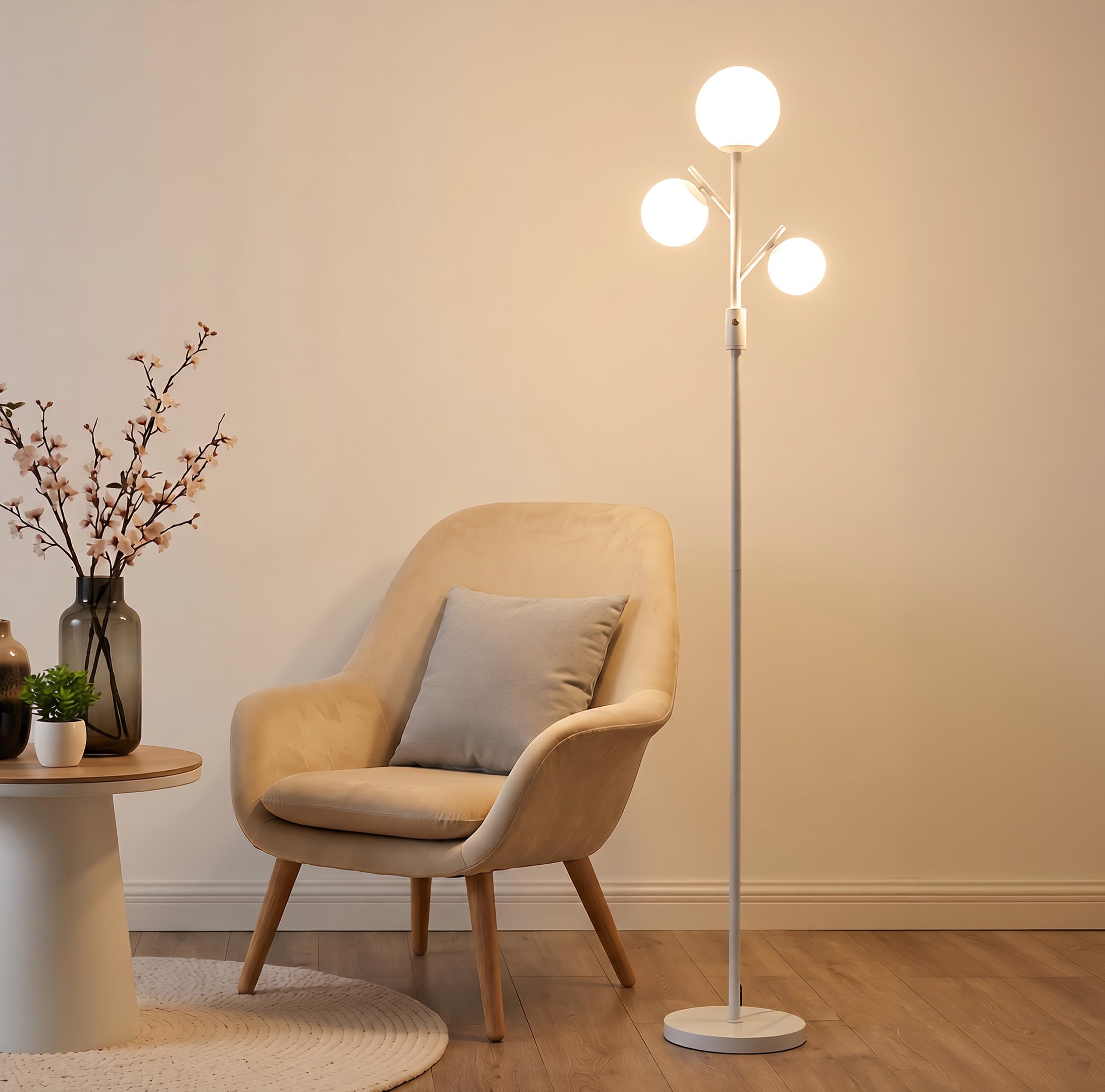 Fiqevs Mid Century Modern 3 Globe Tree Floor Lamp - Dimmable LED Standing Lamp with Bulbs, Warm Light for Living Room Bedroom Office - White