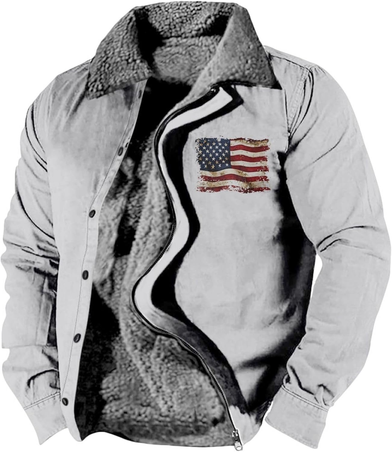 Men's Fleece Lined Lapel Zipper Jacket Autumn/Winter Vintage Washed Checkered Print Graphic Coat with Pockets