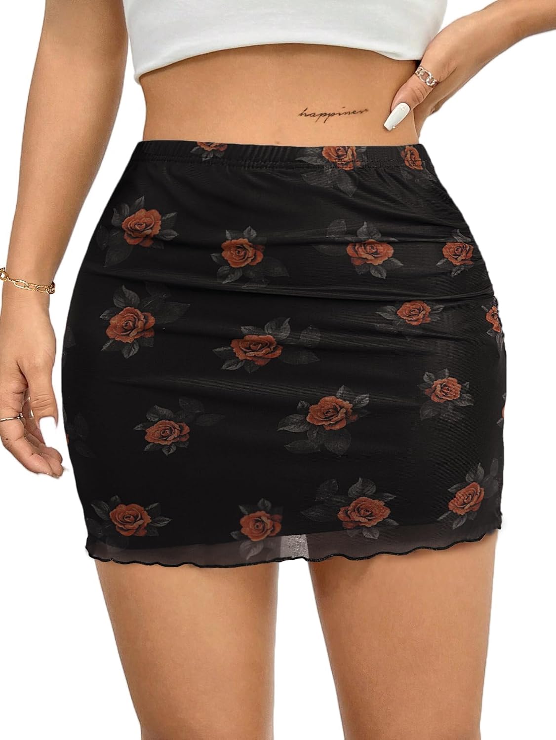 Avanova Women Ruched Mesh Mini Skirt High Waisted Going Out | Black Mini Skirt, Bodycon Fit, Lined, Lettuce Trim, Soft Stretch, Club, Party, Festival, Sexy Rave Outfits